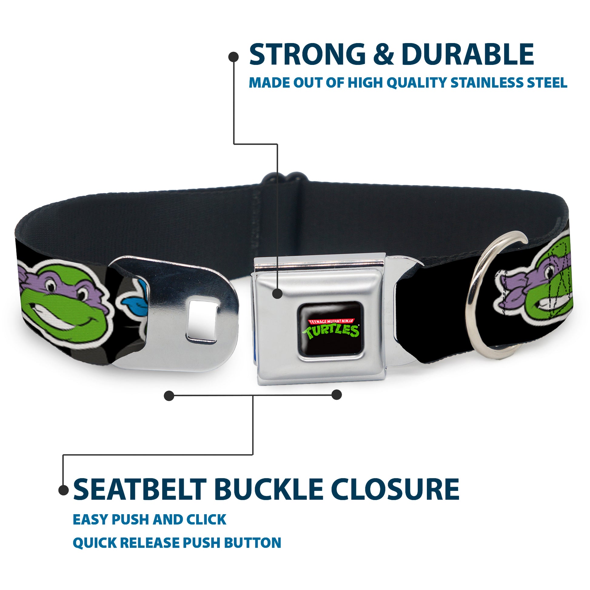 Classic TEENAGE MUTANT NINJA TURTLES Logo Seatbelt Buckle Collar - Classic Teenage Mutant Ninja Turtles Group Faces/TMNT/Ninja Star Black/Green Seatbelt Buckle Collars Teenage Mutant Ninja Turtles