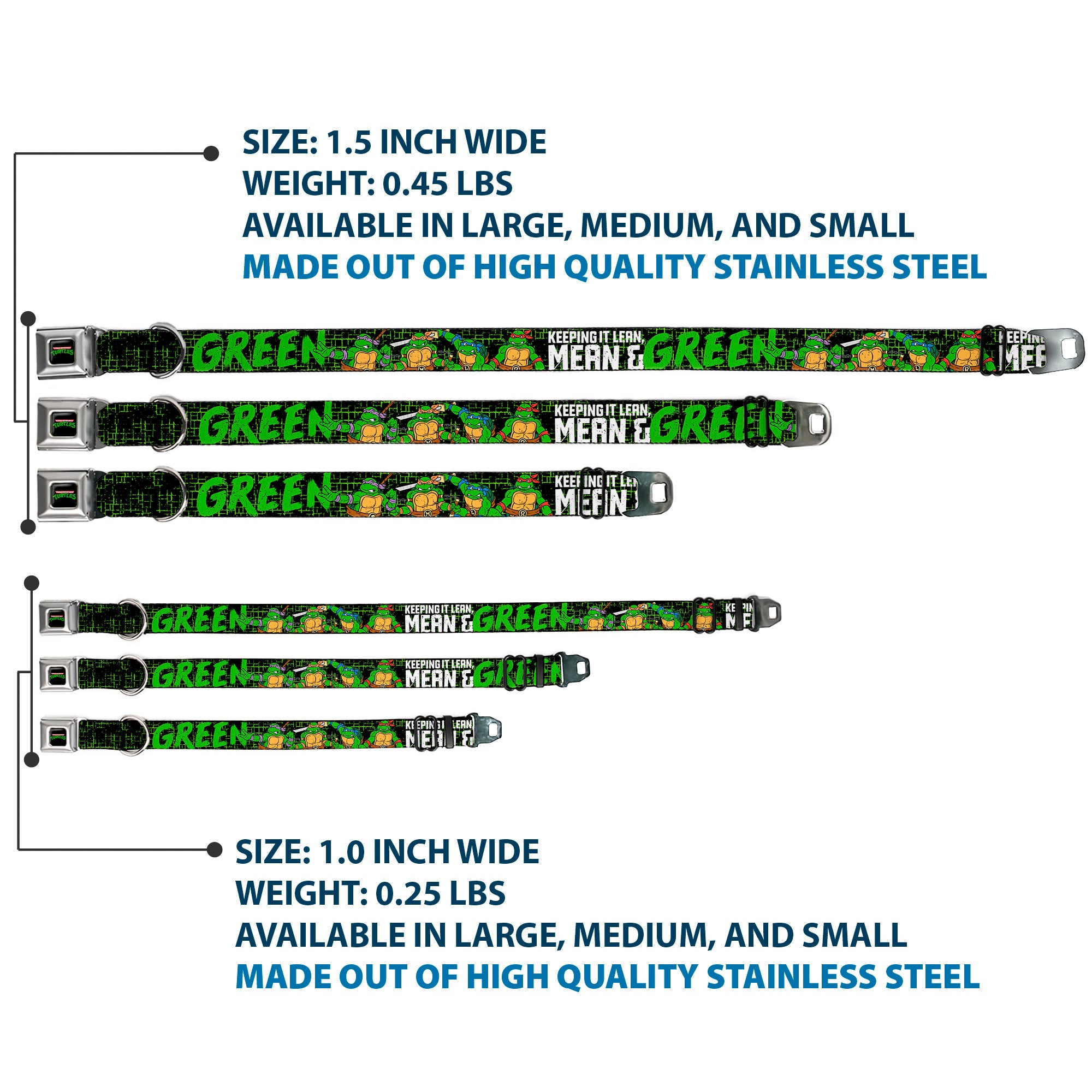 Classic TEENAGE MUTANT NINJA TURTLES Logo Seatbelt Buckle Collar - Classic TMNT Group Pose6/KEEPING IT LEAN, MEAN & GREEN Black/Green/White Seatbelt Buckle Collars Teenage Mutant Ninja Turtles