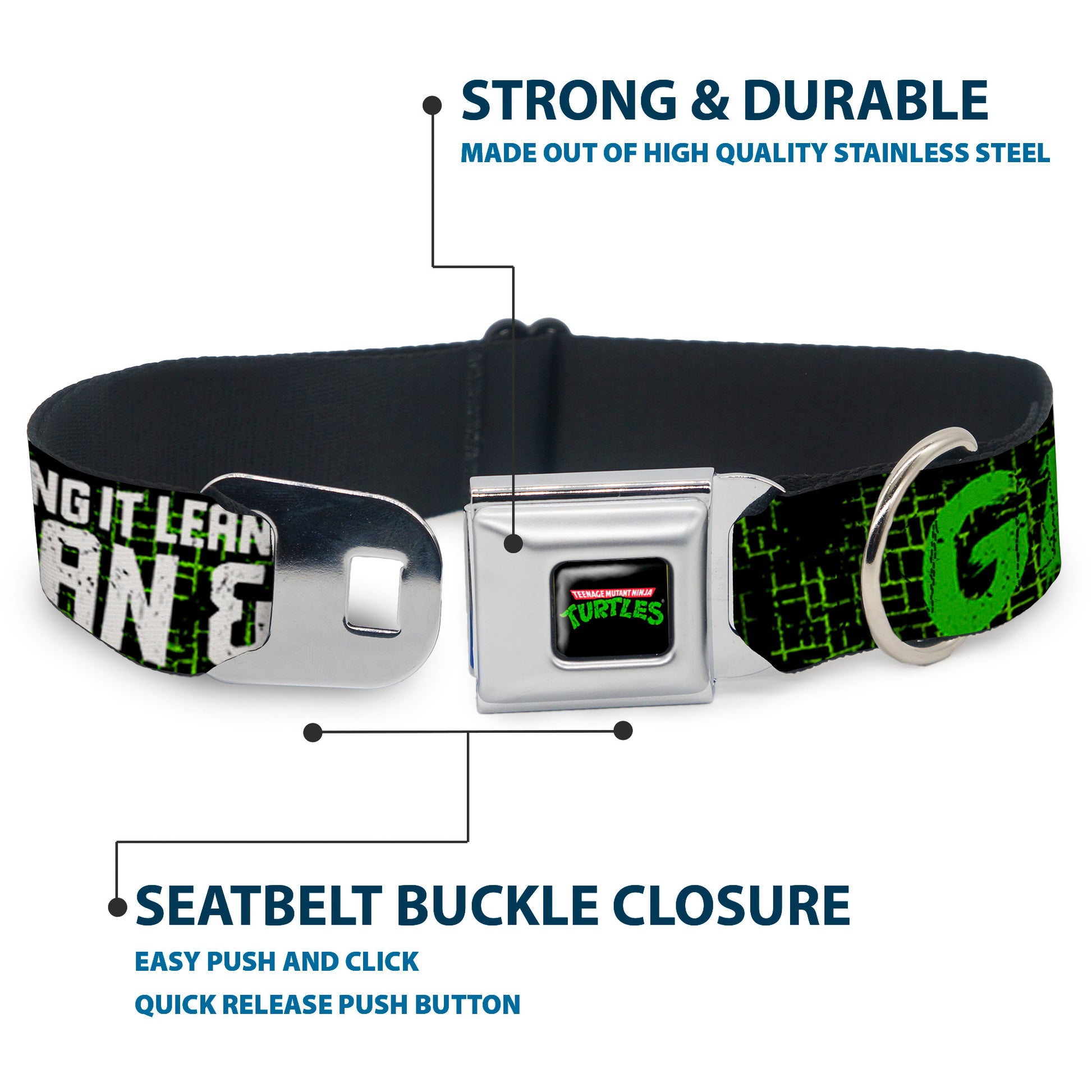 Classic TEENAGE MUTANT NINJA TURTLES Logo Seatbelt Buckle Collar - Classic TMNT Group Pose6/KEEPING IT LEAN, MEAN & GREEN Black/Green/White Seatbelt Buckle Collars Teenage Mutant Ninja Turtles