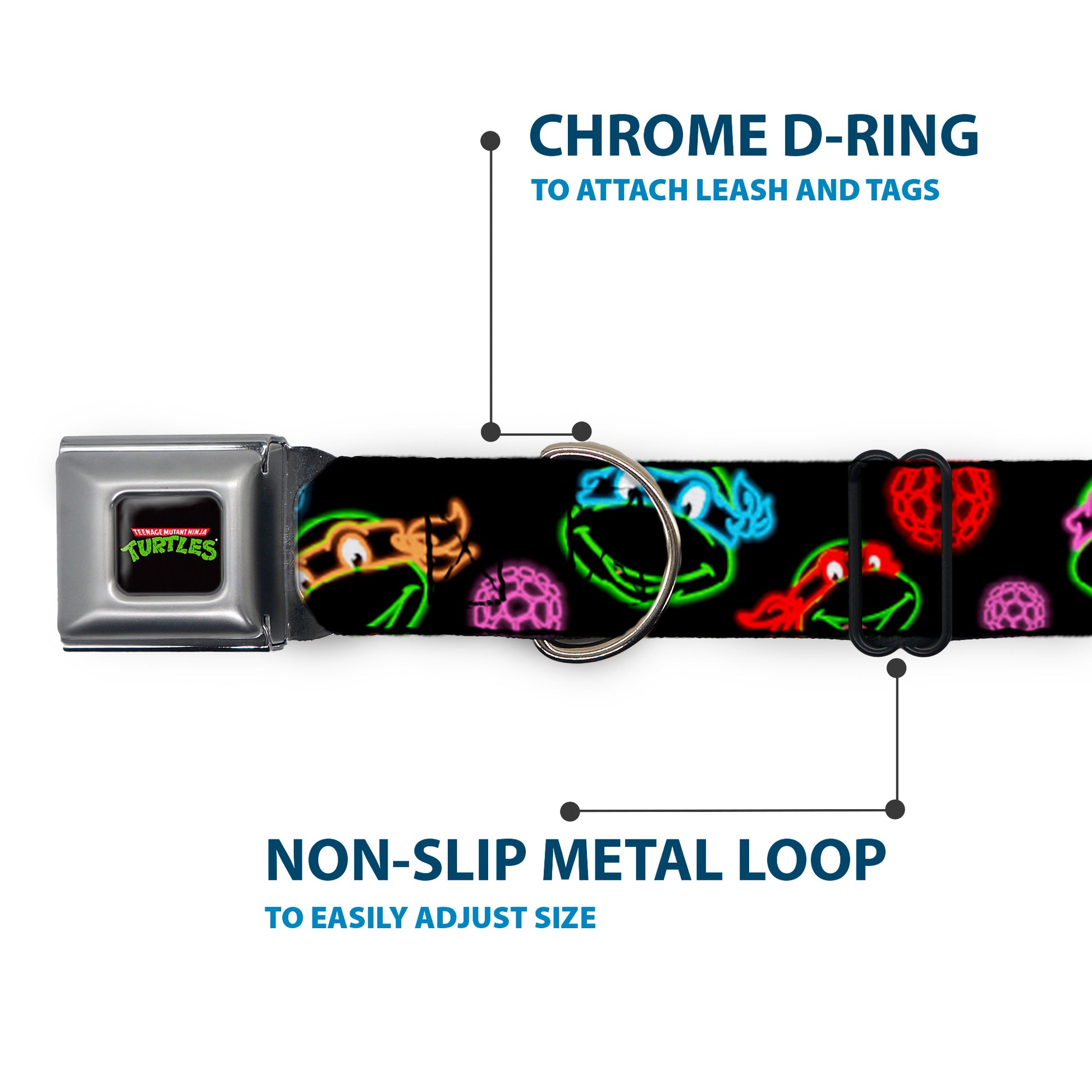 Classic TEENAGE MUTANT NINJA TURTLES Logo Seatbelt Buckle Collar - Classic Teenage Mutant Ninja Turtles Electric Expressions/Turtle Shells Black/Multi Neon Seatbelt Buckle Collars Teenage Mutant Ninja Turtles
