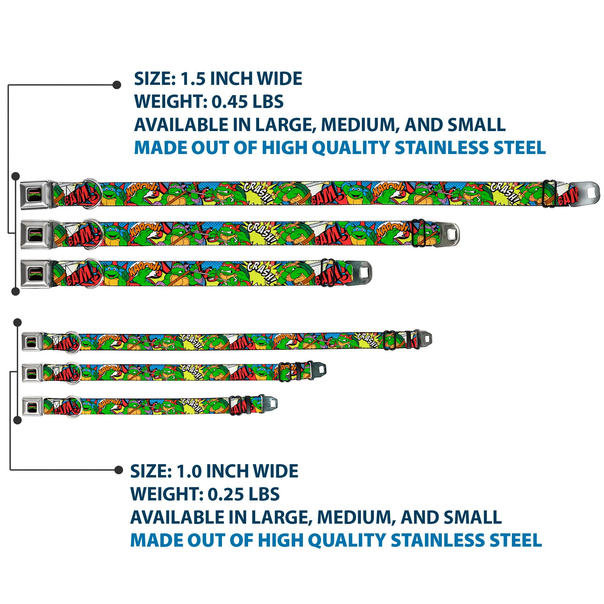 Classic TMNT Logo Full Color Seatbelt Buckle Collar - Classic Teenage Mutant Ninja Turtles Action Poses/Action Bubbles Dots Blues Seatbelt Buckle Collars Teenage Mutant Ninja Turtles