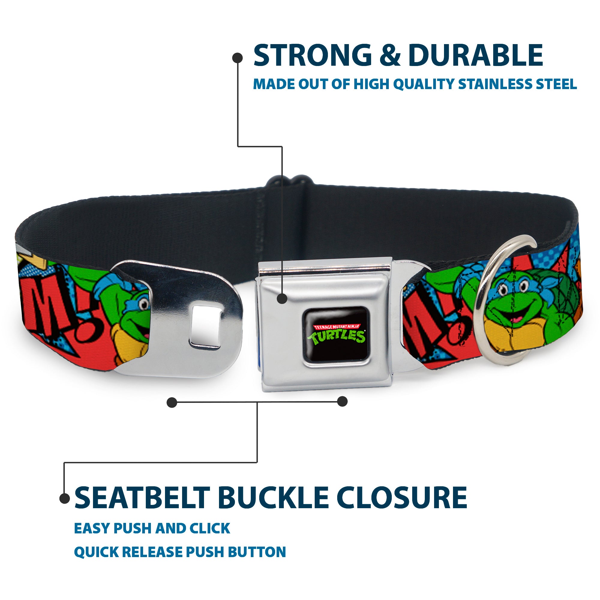 Classic TMNT Logo Full Color Seatbelt Buckle Collar - Classic Teenage Mutant Ninja Turtles Action Poses/Action Bubbles Dots Blues Seatbelt Buckle Collars Teenage Mutant Ninja Turtles
