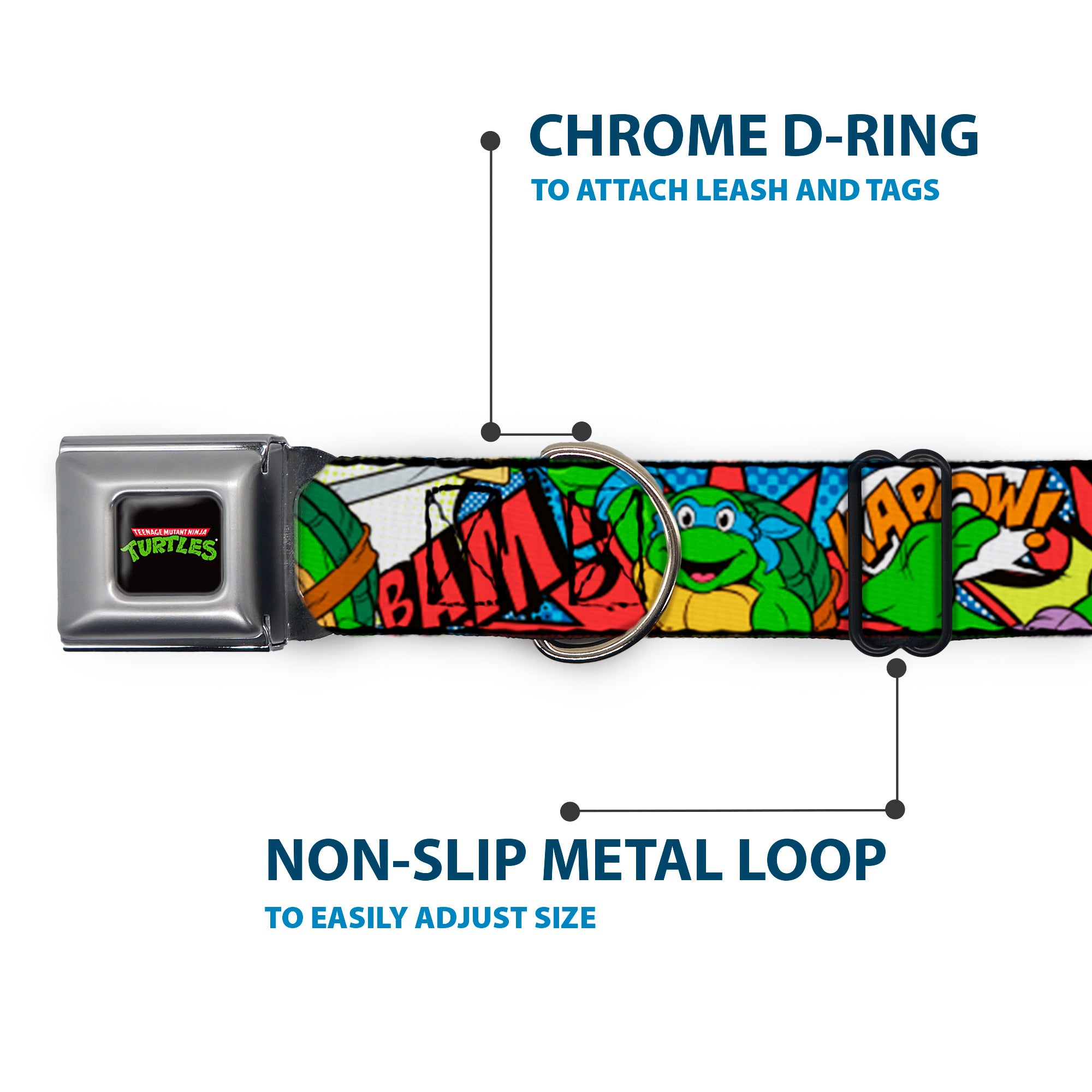 Classic TMNT Logo Full Color Seatbelt Buckle Collar - Classic Teenage Mutant Ninja Turtles Action Poses/Action Bubbles Dots Blues Seatbelt Buckle Collars Teenage Mutant Ninja Turtles