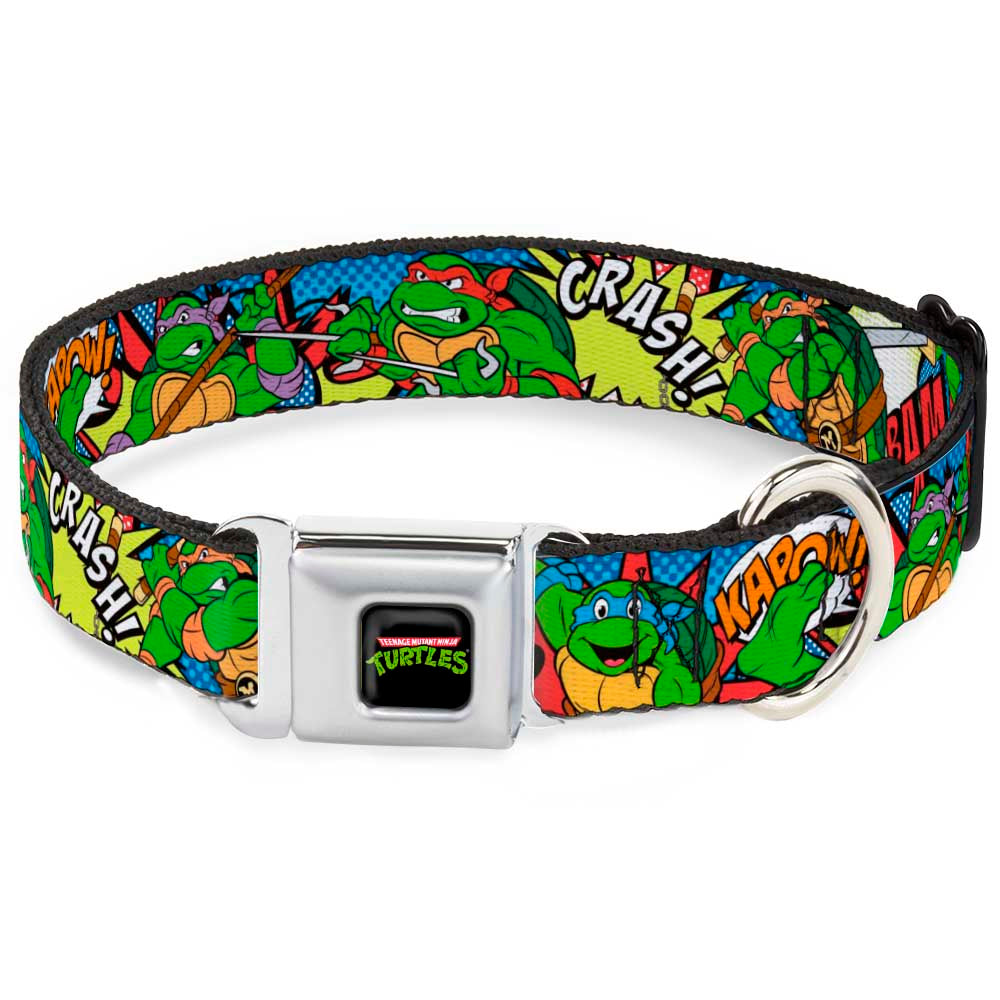 Classic TMNT Logo Full Color Seatbelt Buckle Collar - Classic Teenage Mutant Ninja Turtles Action Poses/Action Bubbles Dots Blues Seatbelt Buckle Collars Teenage Mutant Ninja Turtles
