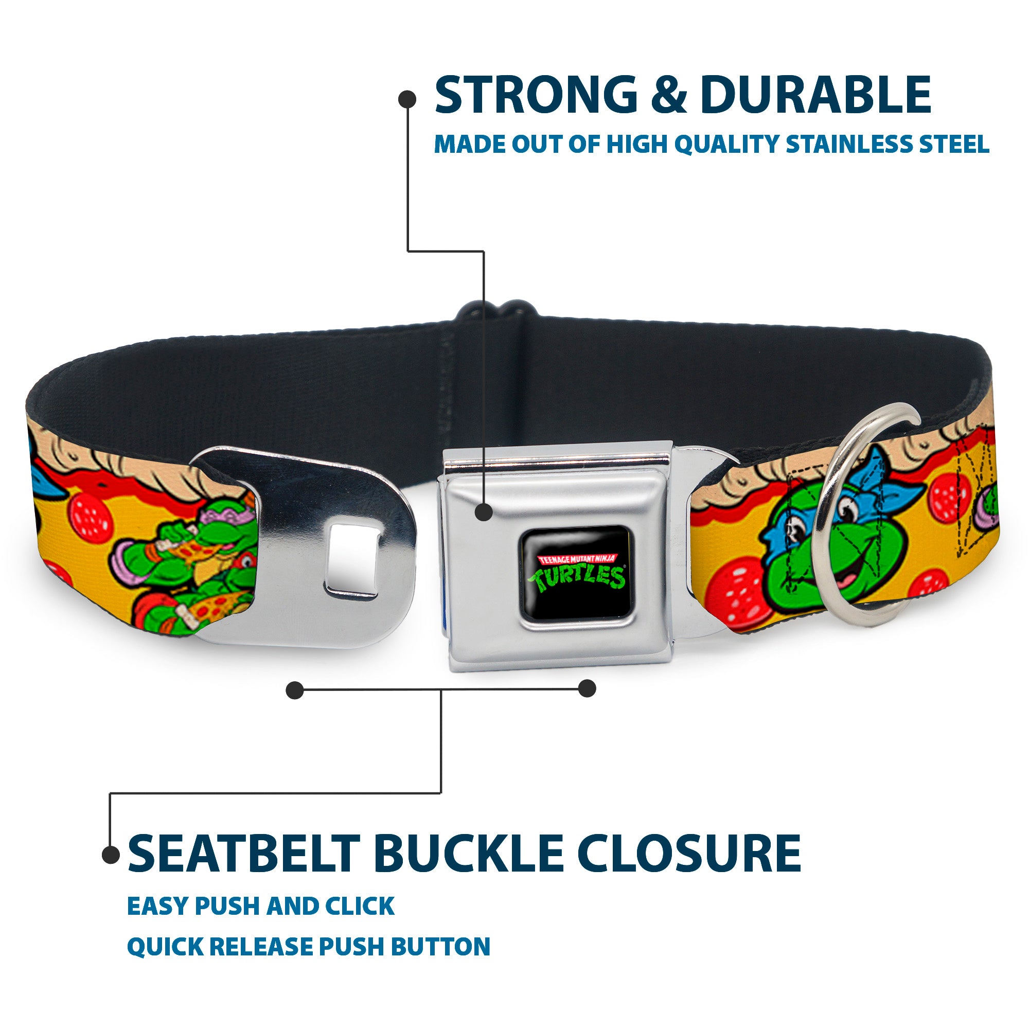 Classic TMNT Logo Seatbelt Buckle Collar - Classic Teenage Mutant Ninja Turtles 4-Turtle Faces Pepperoni Pizza/Turtles Pose16 Seatbelt Buckle Collars Teenage Mutant Ninja Turtles