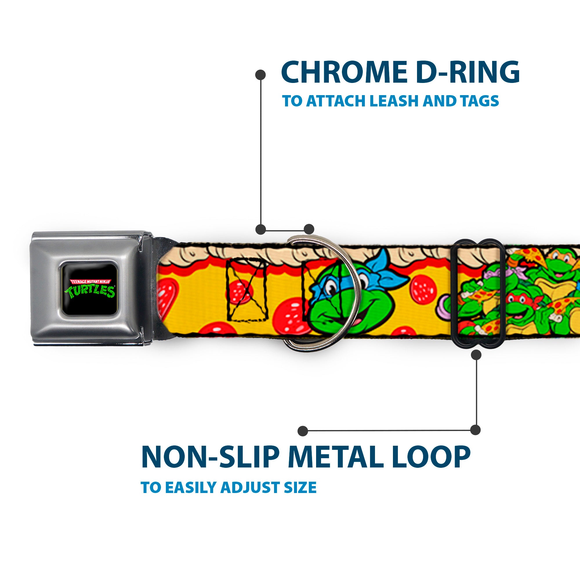 Classic TMNT Logo Seatbelt Buckle Collar - Classic Teenage Mutant Ninja Turtles 4-Turtle Faces Pepperoni Pizza/Turtles Pose16 Seatbelt Buckle Collars Teenage Mutant Ninja Turtles