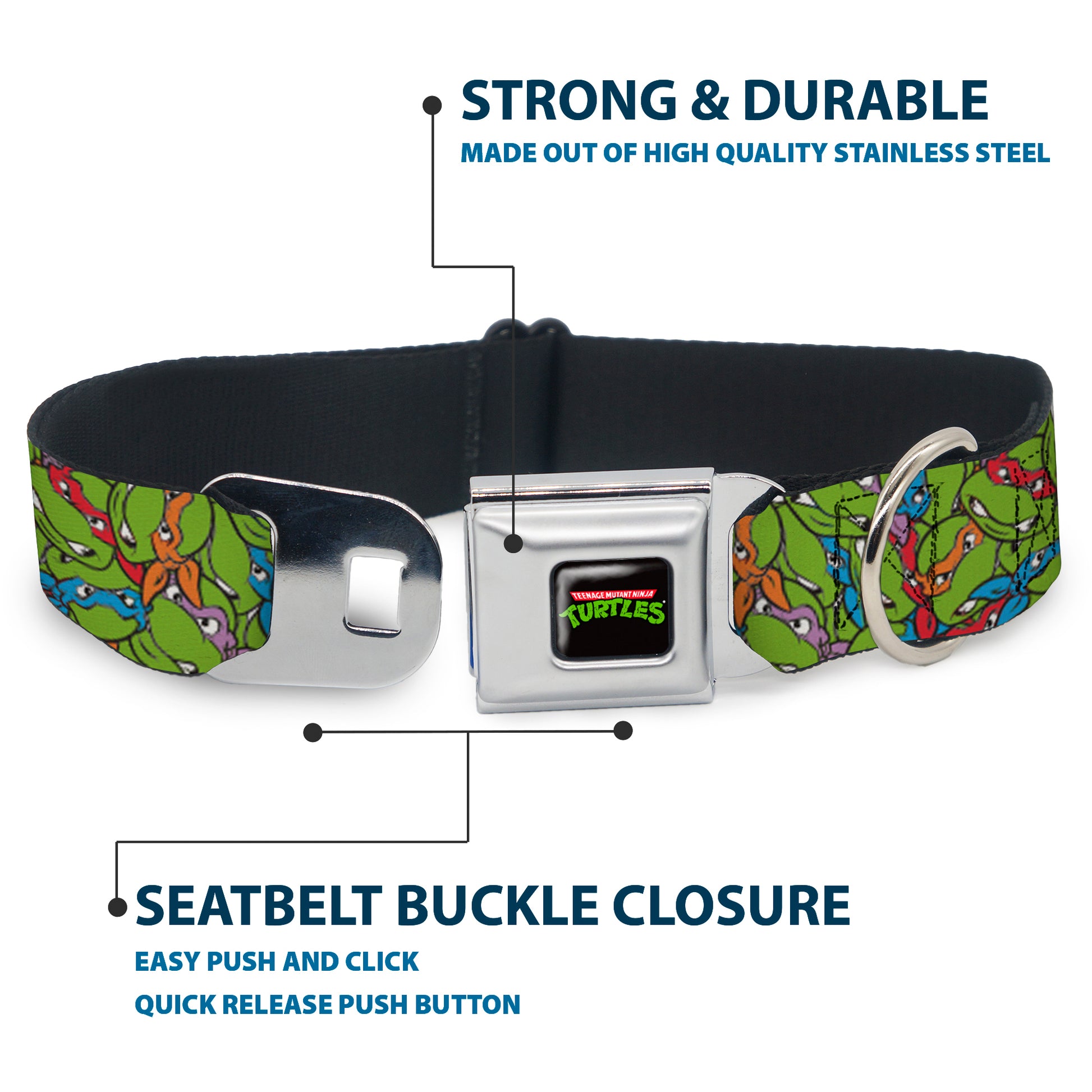 Classic TEENAGE MUTANT NINJA TURTLES Logo Seatbelt Buckle Collar - Teenage Mutant Ninja Turtles Faces Stacked Green/Multi Color Seatbelt Buckle Collars Teenage Mutant Ninja Turtles