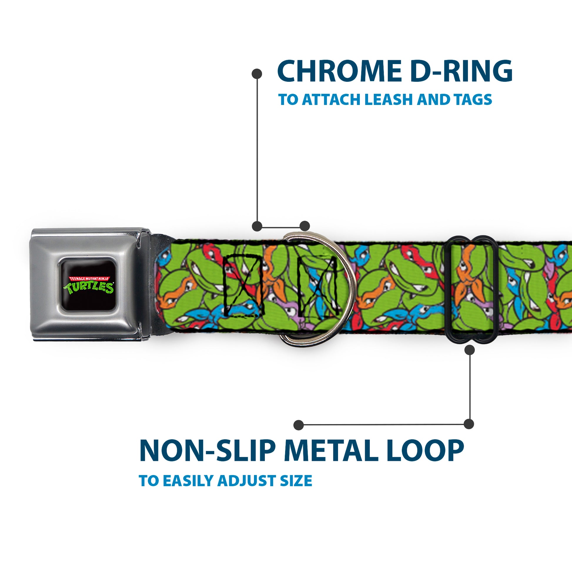 Classic TEENAGE MUTANT NINJA TURTLES Logo Seatbelt Buckle Collar - Teenage Mutant Ninja Turtles Faces Stacked Green/Multi Color Seatbelt Buckle Collars Teenage Mutant Ninja Turtles