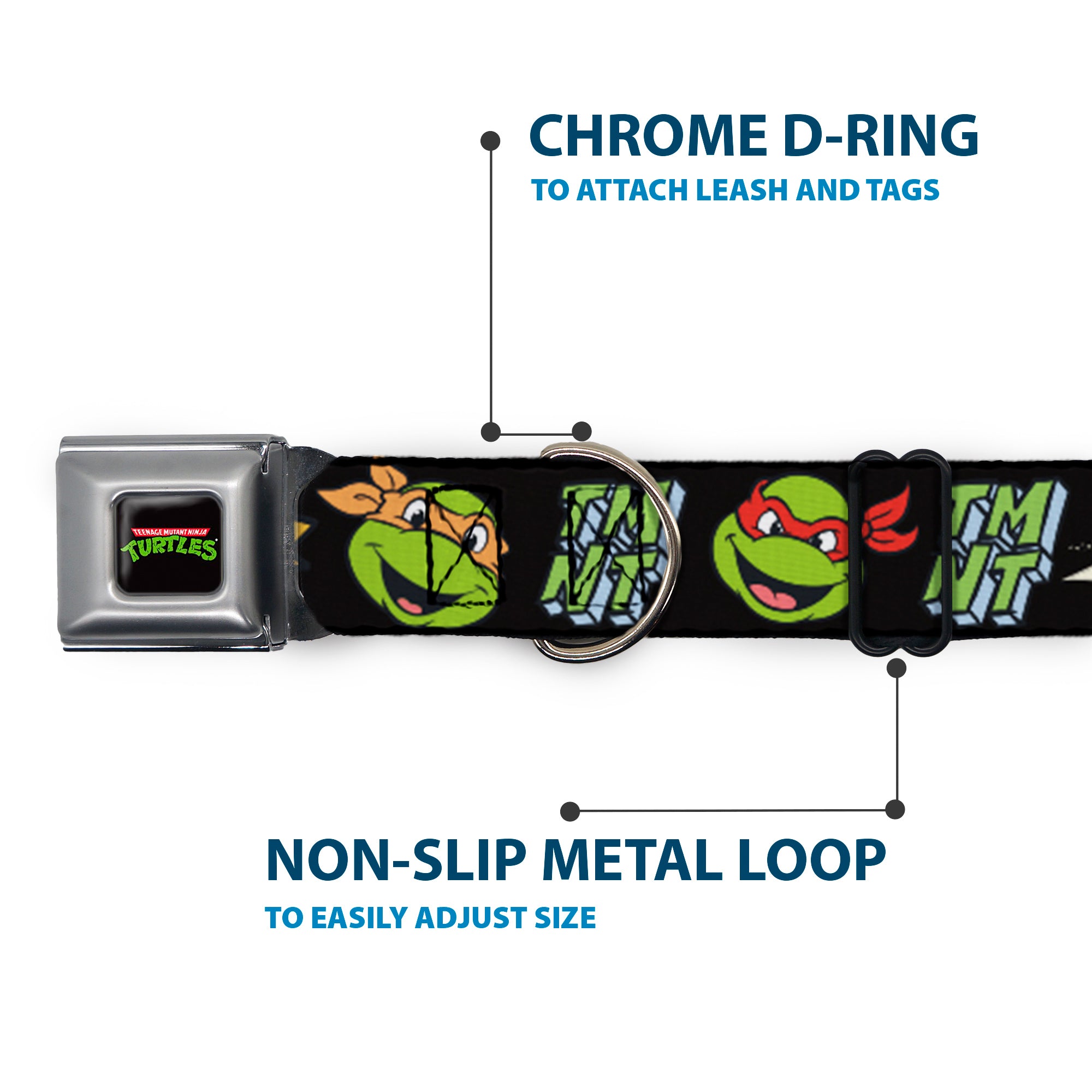 Classic TEENAGE MUTANT NINJA TURTLES Logo Seatbelt Buckle Collar - Teenage Mutant Ninja Turtles Faces and Icons Black/Multi Color Seatbelt Buckle Collars Teenage Mutant Ninja Turtles