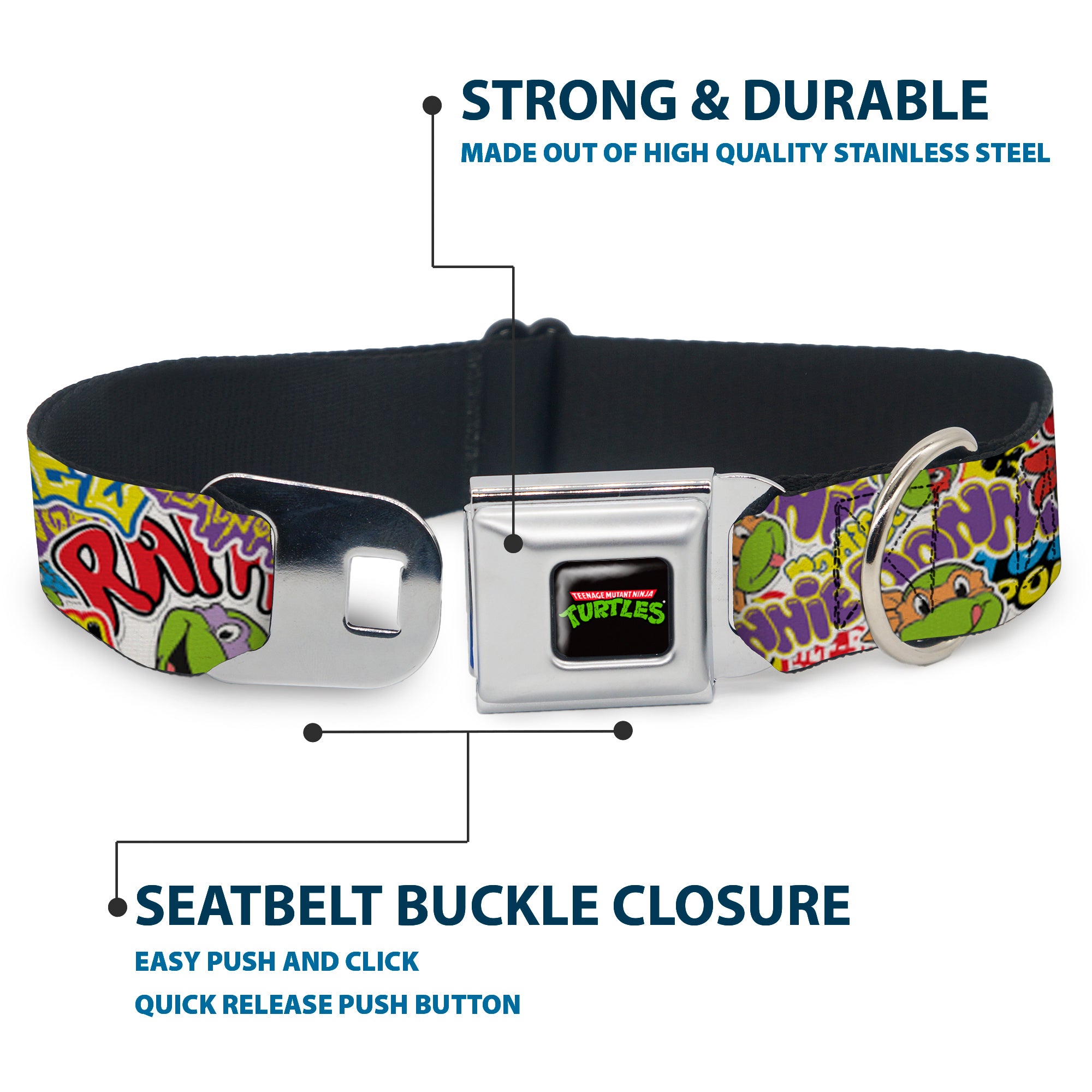 Classic TEENAGE MUTANT NINJA TURTLES Logo Seatbelt Buckle Collar - Teenage Mutant Ninja Turtles Sticker Slaps Collage White/Multi Color Seatbelt Buckle Collars Teenage Mutant Ninja Turtles