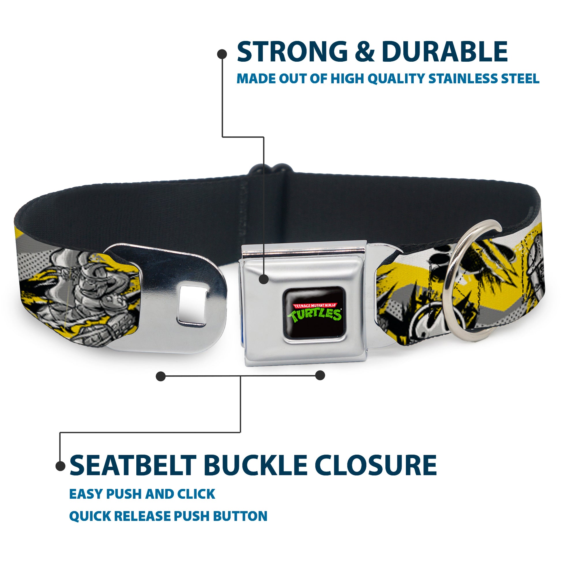 Classic TEENAGE MUTANT NINJA TURTLES Logo Seatbelt Buckle Collar - Teenage Mutant Ninja Turtles Shredder Pose and Icons Grays/Yellow Seatbelt Buckle Collars Teenage Mutant Ninja Turtles