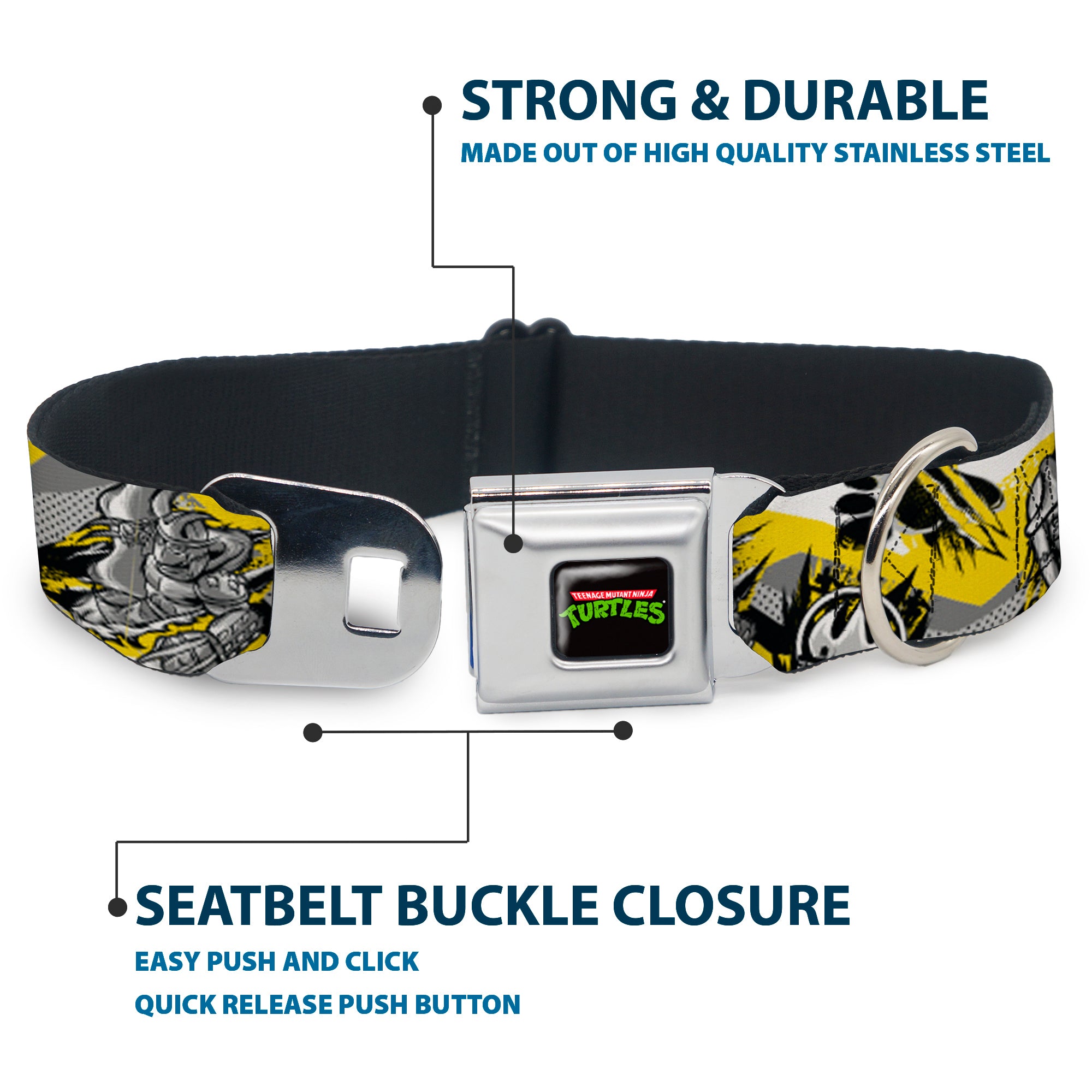 Classic TEENAGE MUTANT NINJA TURTLES Logo Seatbelt Buckle Collar - Teenage Mutant Ninja Turtles Shredder Pose and Icons Grays/Yellow Seatbelt Buckle Collars Teenage Mutant Ninja Turtles