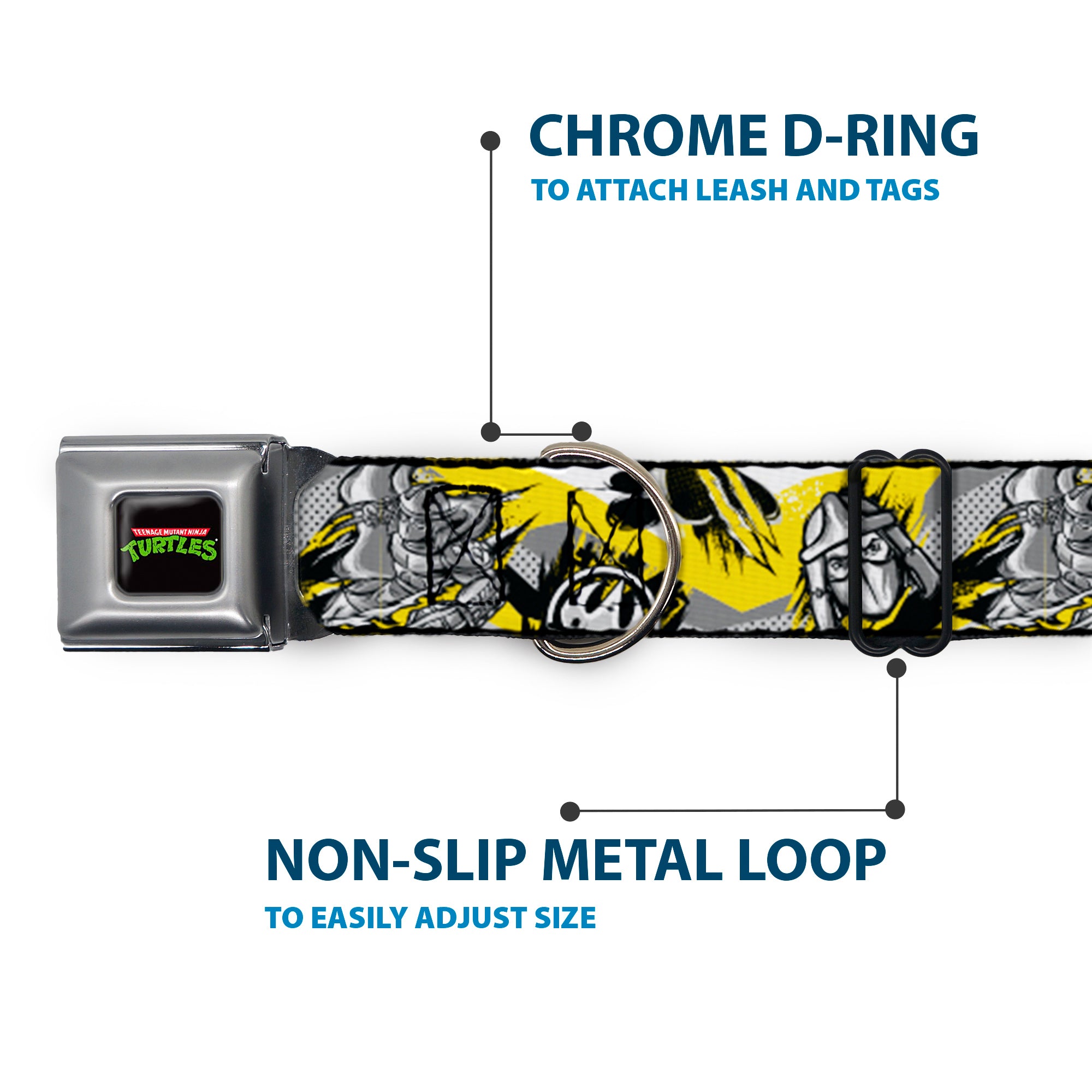 Classic TEENAGE MUTANT NINJA TURTLES Logo Seatbelt Buckle Collar - Teenage Mutant Ninja Turtles Shredder Pose and Icons Grays/Yellow Seatbelt Buckle Collars Teenage Mutant Ninja Turtles