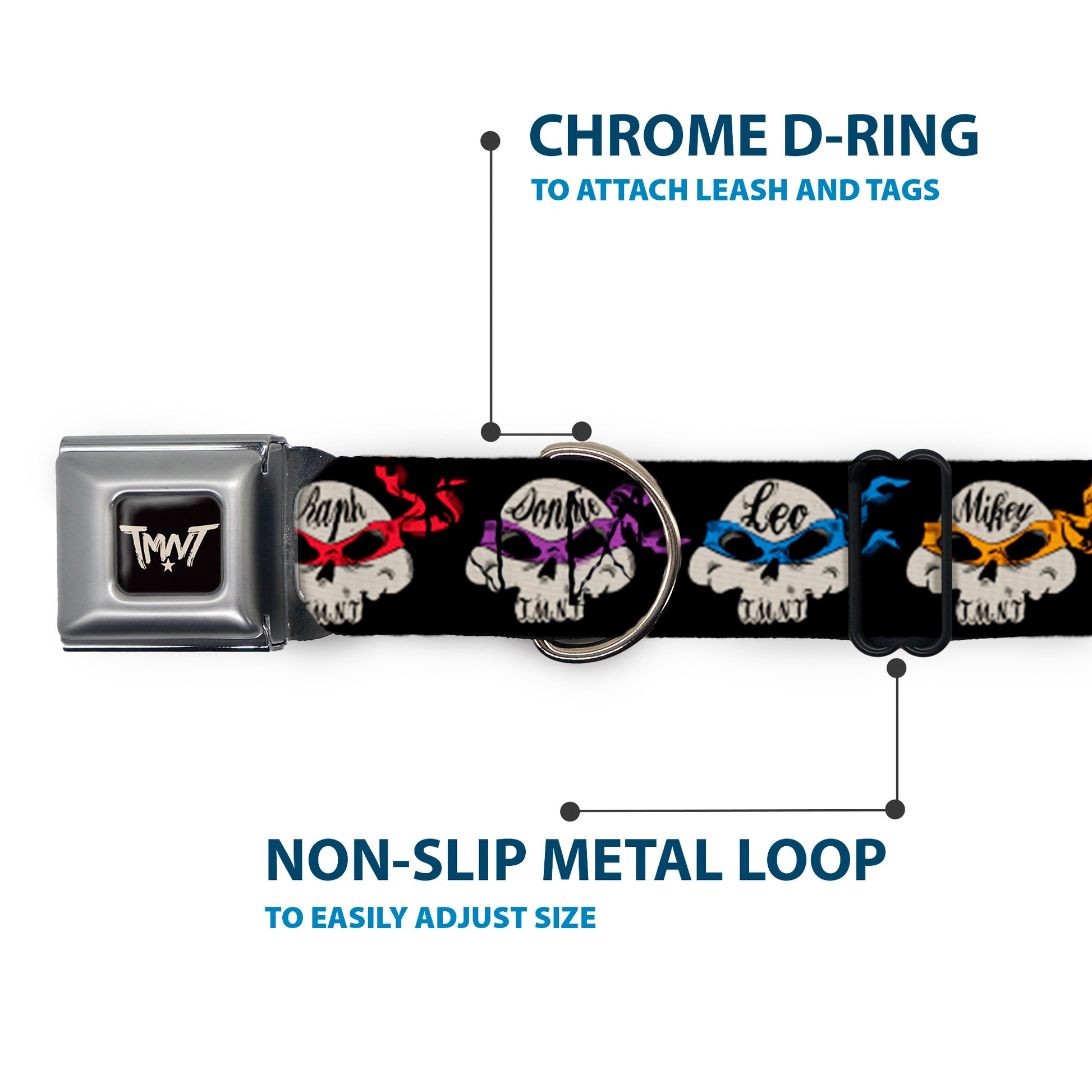 Road Rebel TMNT Logo Black/Gray Seatbelt Buckle Collar - TMNT 4-Turtle Road Rebel Skulls Black Seatbelt Buckle Collars Teenage Mutant Ninja Turtles