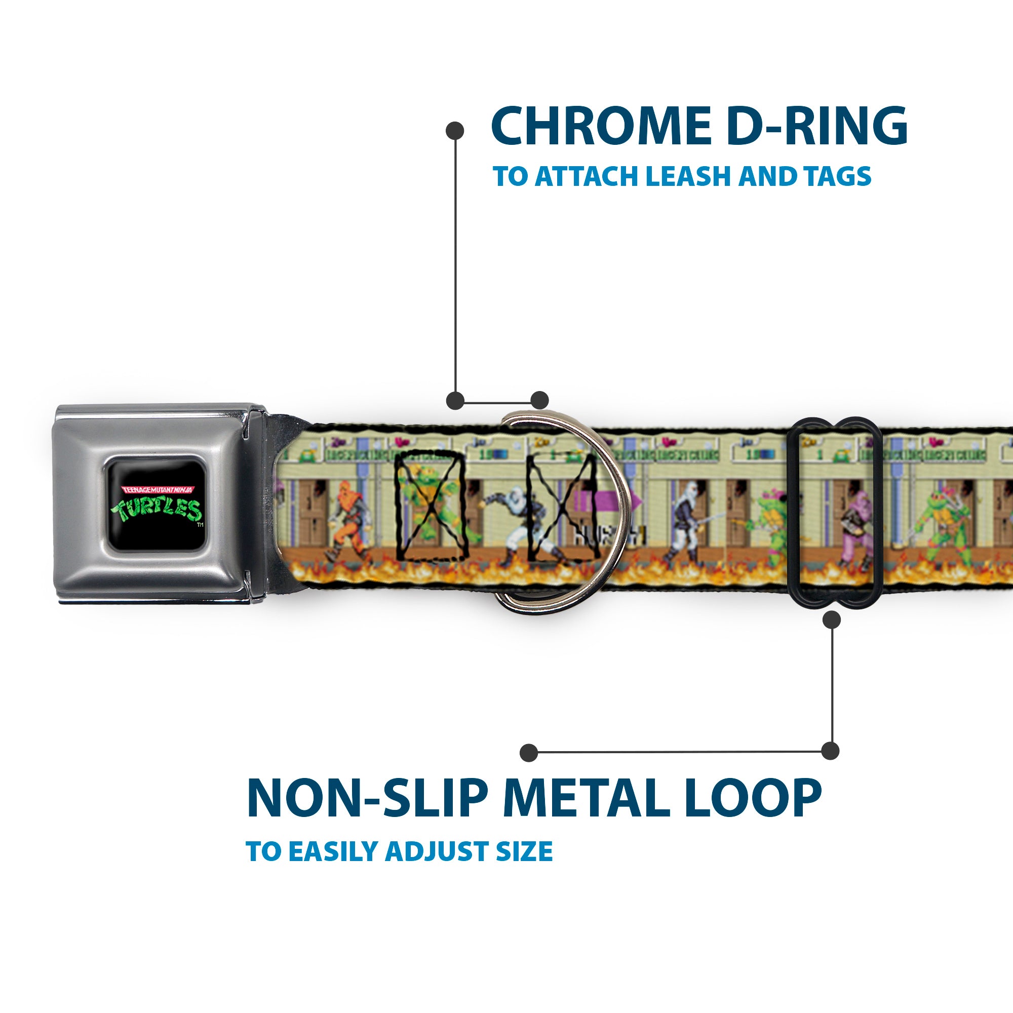 TEENAGE MUTANT NINJA TURTLES Logo Full Color Black Seatbelt Buckle Collar - Teenage Mutant Ninja Turtles Battle Foot Soldiers Ninjas Video Game Scene Tan Seatbelt Buckle Collars Teenage Mutant Ninja Turtles