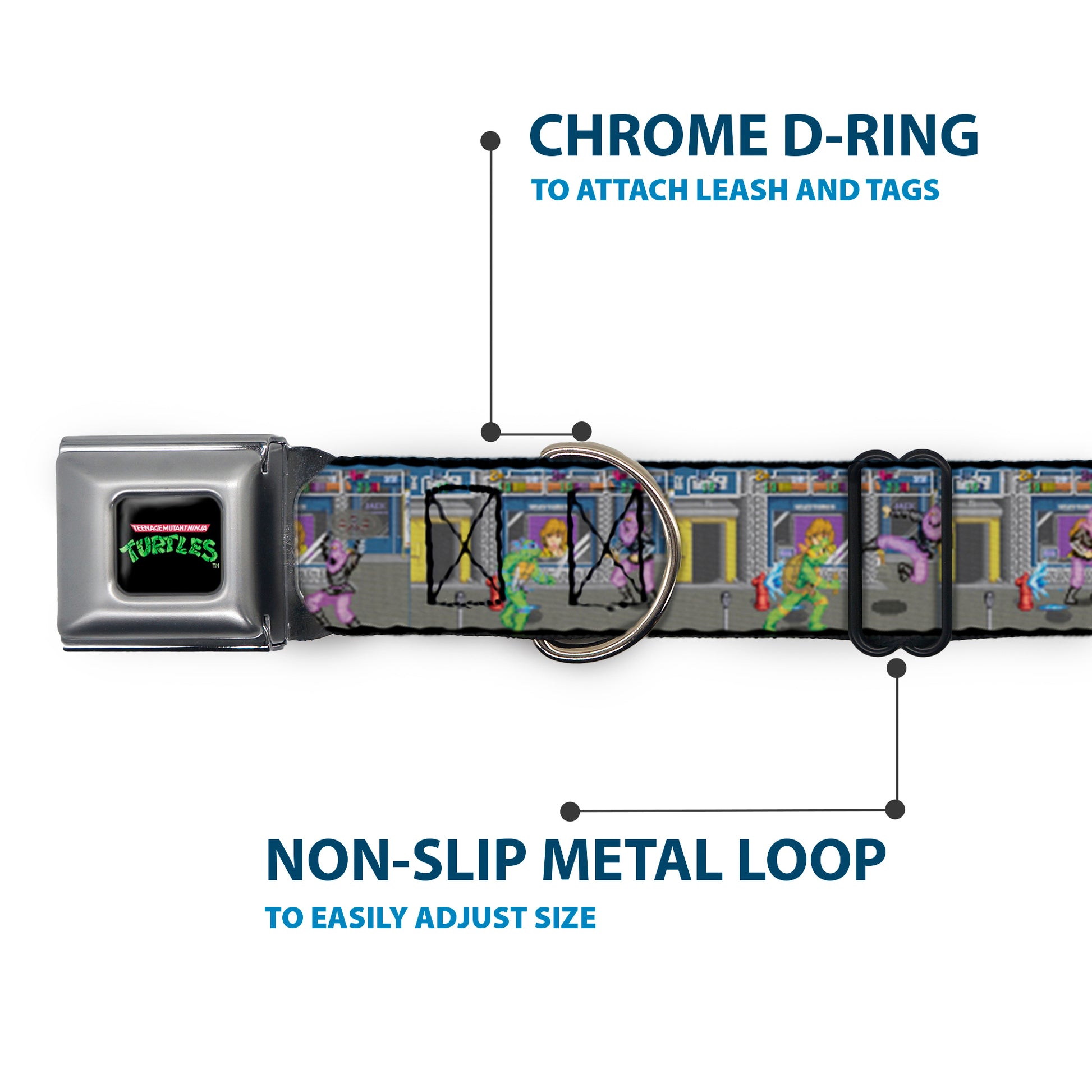 TEENAGE MUTANT NINJA TURTLES Logo Full Color Black Seatbelt Buckle Collar - Teenage Mutant Ninja Turtles Battle Purple Foot Soldier Ninja Video Game Scene Grays Seatbelt Buckle Collars Teenage Mutant Ninja Turtles