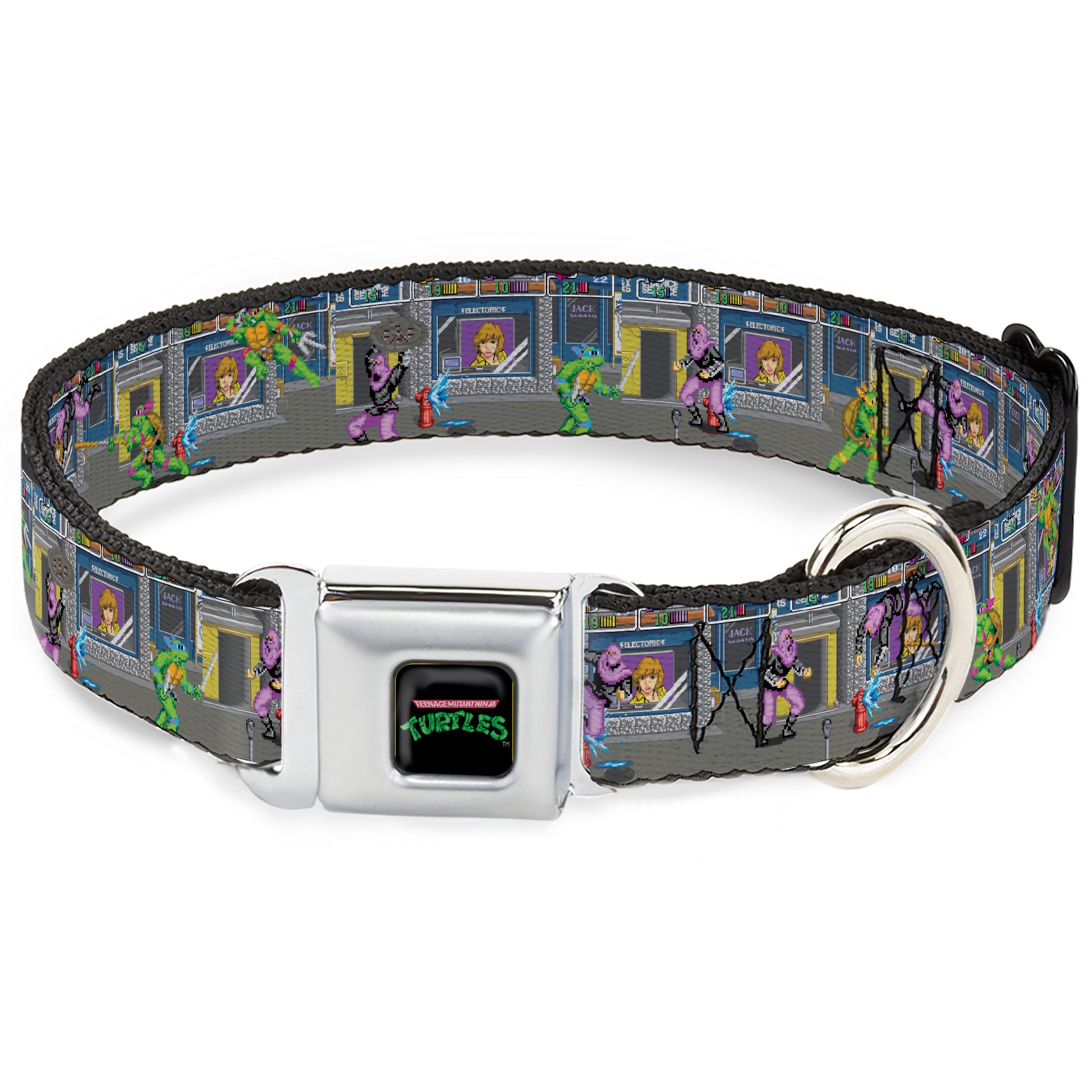 TEENAGE MUTANT NINJA TURTLES Logo Full Color Black Seatbelt Buckle Collar - Teenage Mutant Ninja Turtles Battle Purple Foot Soldier Ninja Video Game Scene Grays Seatbelt Buckle Collars Teenage Mutant Ninja Turtles