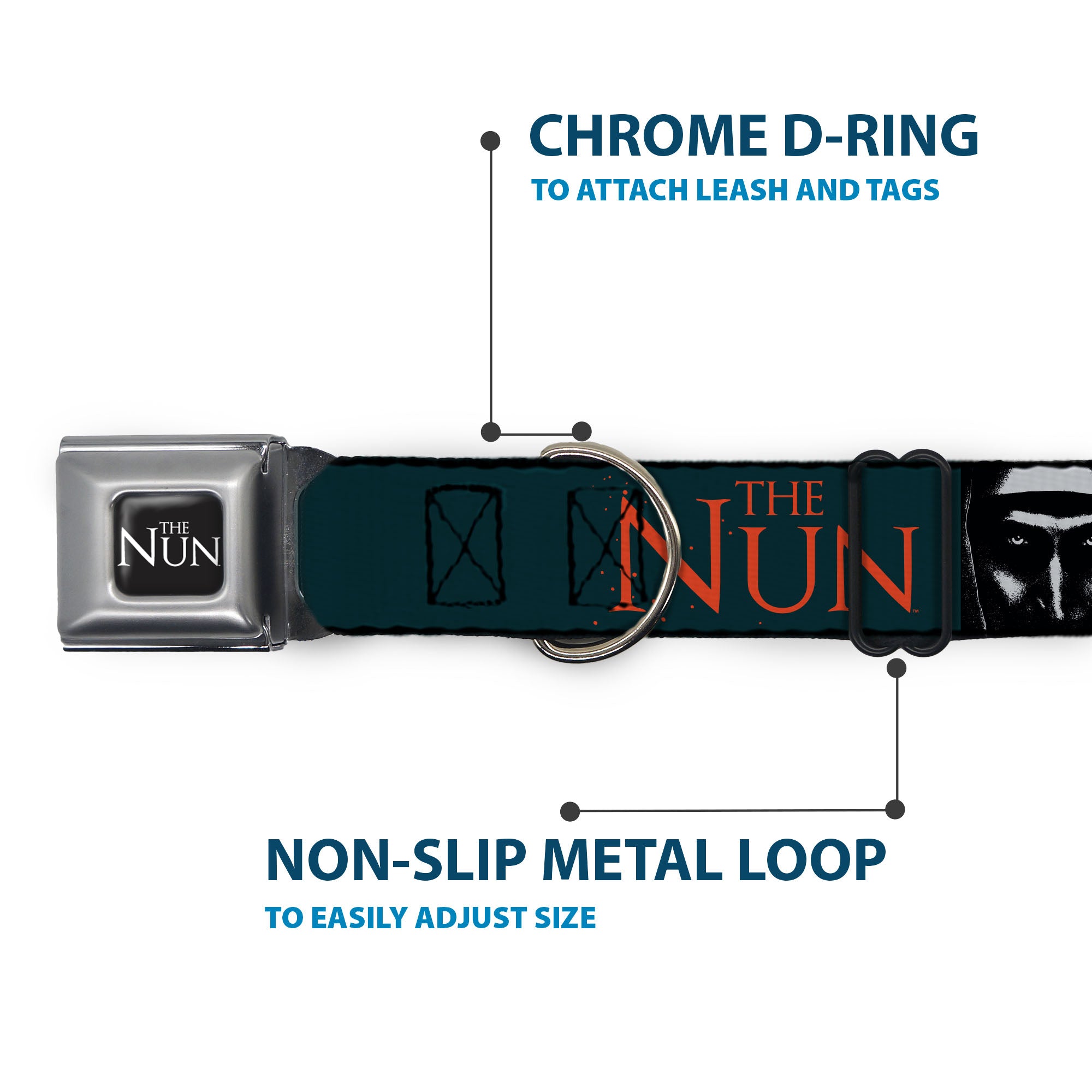 THE NUN Title Logo Full Color Black/White Seatbelt Buckle Collar - THE NUN Demon Nun Valak Pose Blocks and Title Logo Blue/Red/White Seatbelt Buckle Collars The Nun