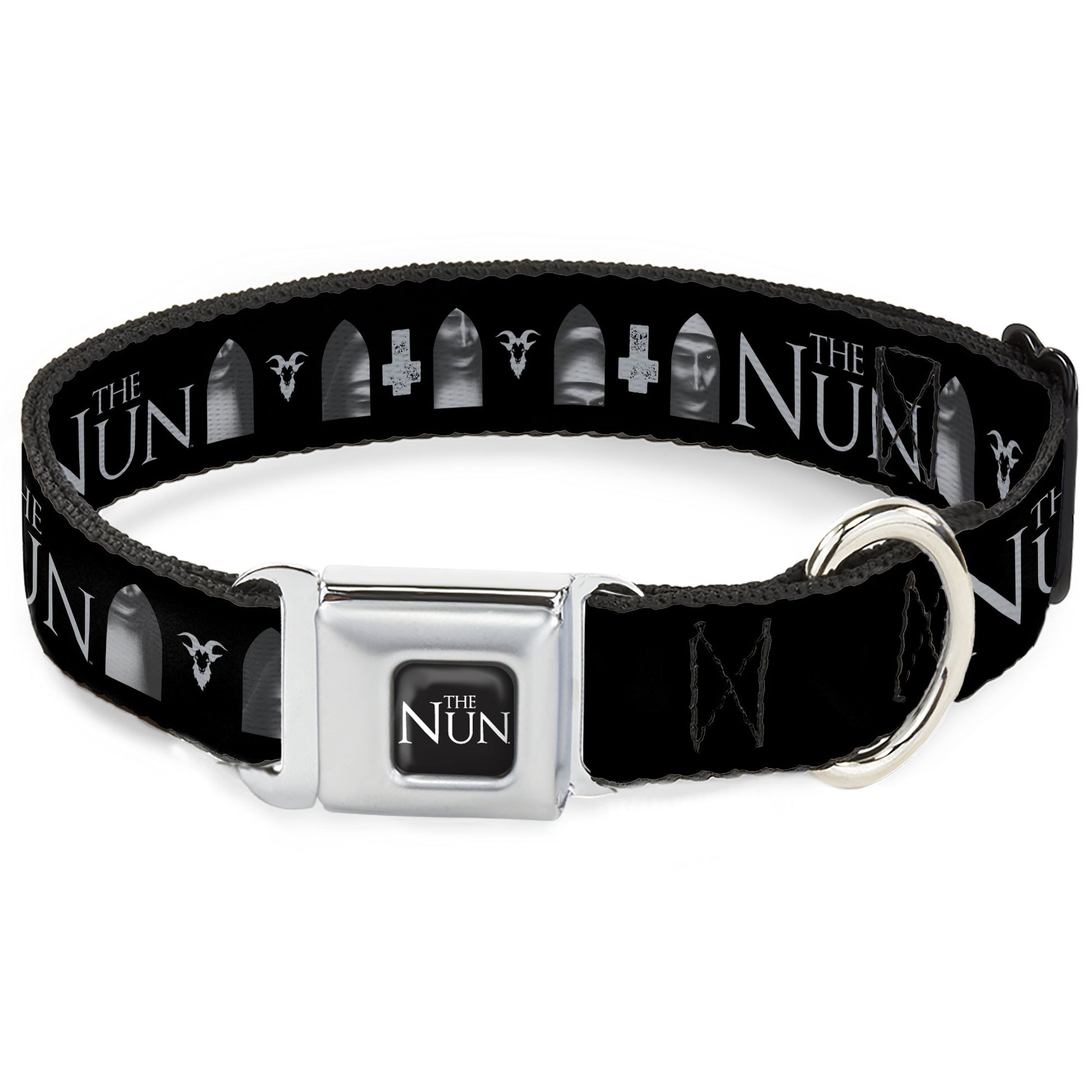 THE NUN Title Logo Full Color Black/White Seatbelt Buckle Collar - THE NUN Demon Nun Valak Face with Icons and Title Logo Black/Grays Seatbelt Buckle Collars The Nun