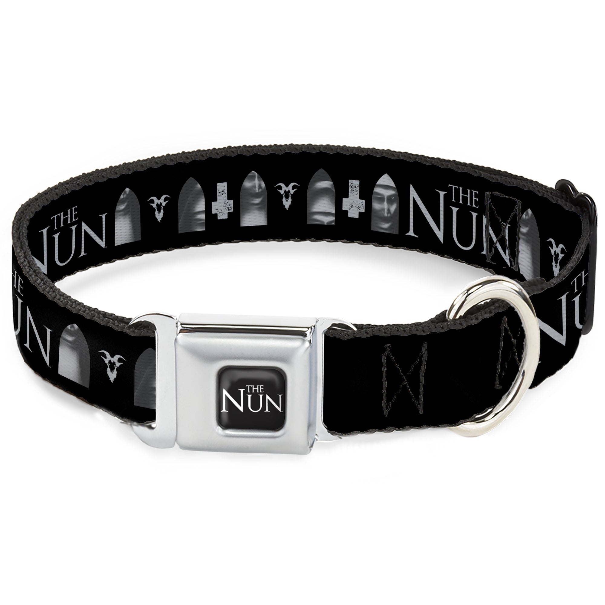 THE NUN Title Logo Full Color Black/White Seatbelt Buckle Collar - THE NUN Demon Nun Valak Face with Icons and Title Logo Black/Grays Seatbelt Buckle Collars The Nun