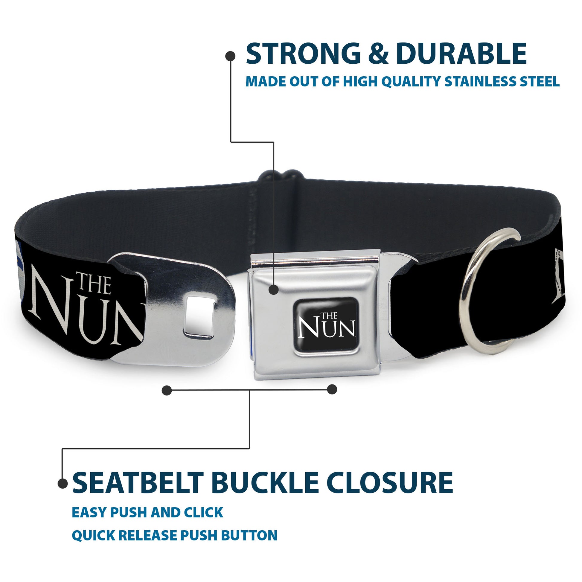 THE NUN Title Logo Full Color Black/White Seatbelt Buckle Collar - THE NUN Sister Irene and Demon Nun Valak Icons with Title Logo Black/White Seatbelt Buckle Collars The Nun