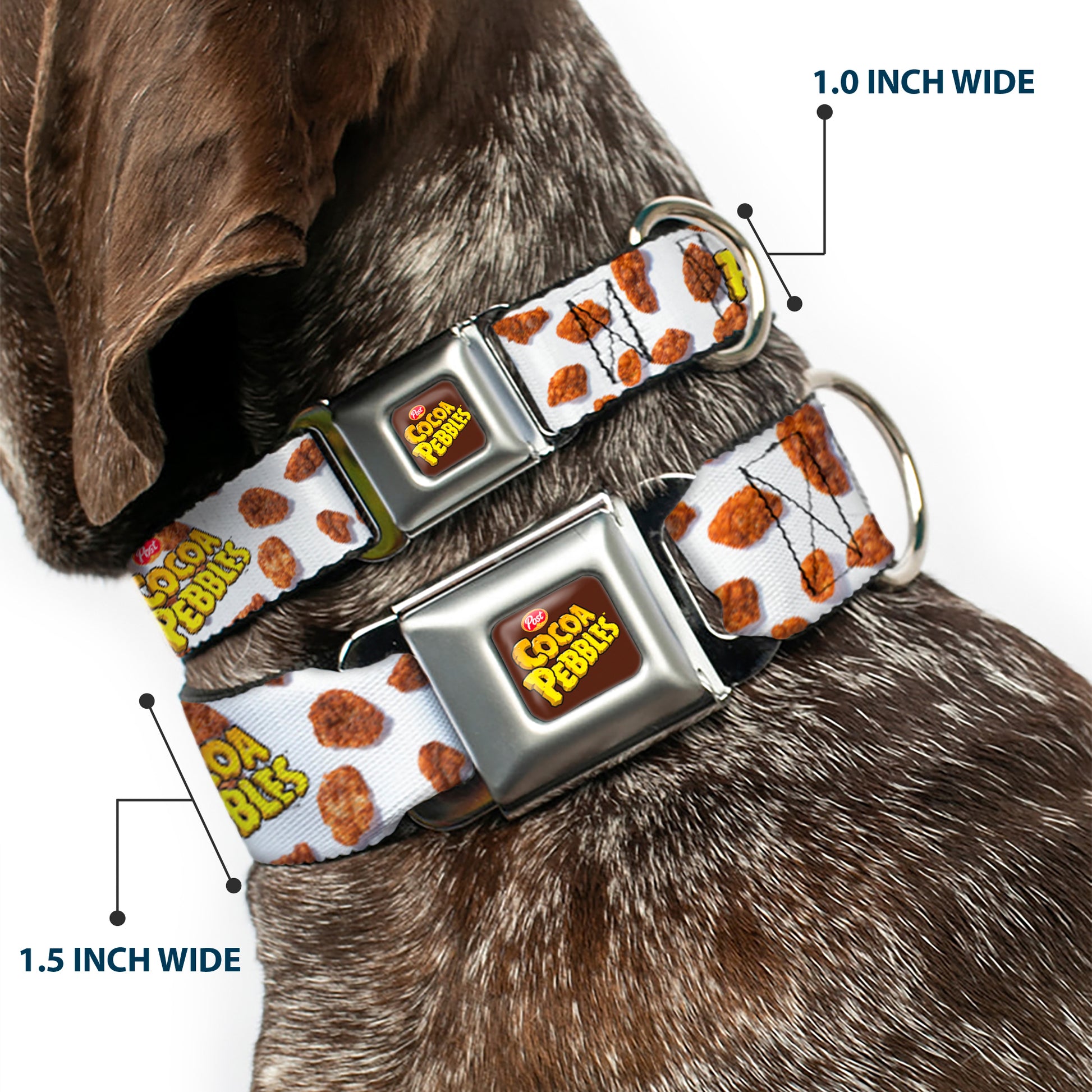POST COCOA PEBBLES Logo Full Color Brown/Yellows Seatbelt Buckle Collar - POST COCOA PEBBLES Logo and Cereal Pebbles Scattered White/Browns Seatbelt Buckle Collars The Flintstones