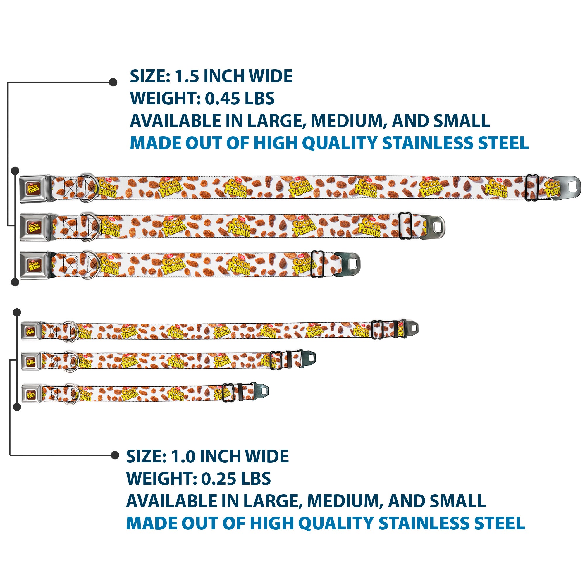 POST COCOA PEBBLES Logo Full Color Brown/Yellows Seatbelt Buckle Collar - POST COCOA PEBBLES Logo and Cereal Pebbles Scattered White/Browns Seatbelt Buckle Collars The Flintstones