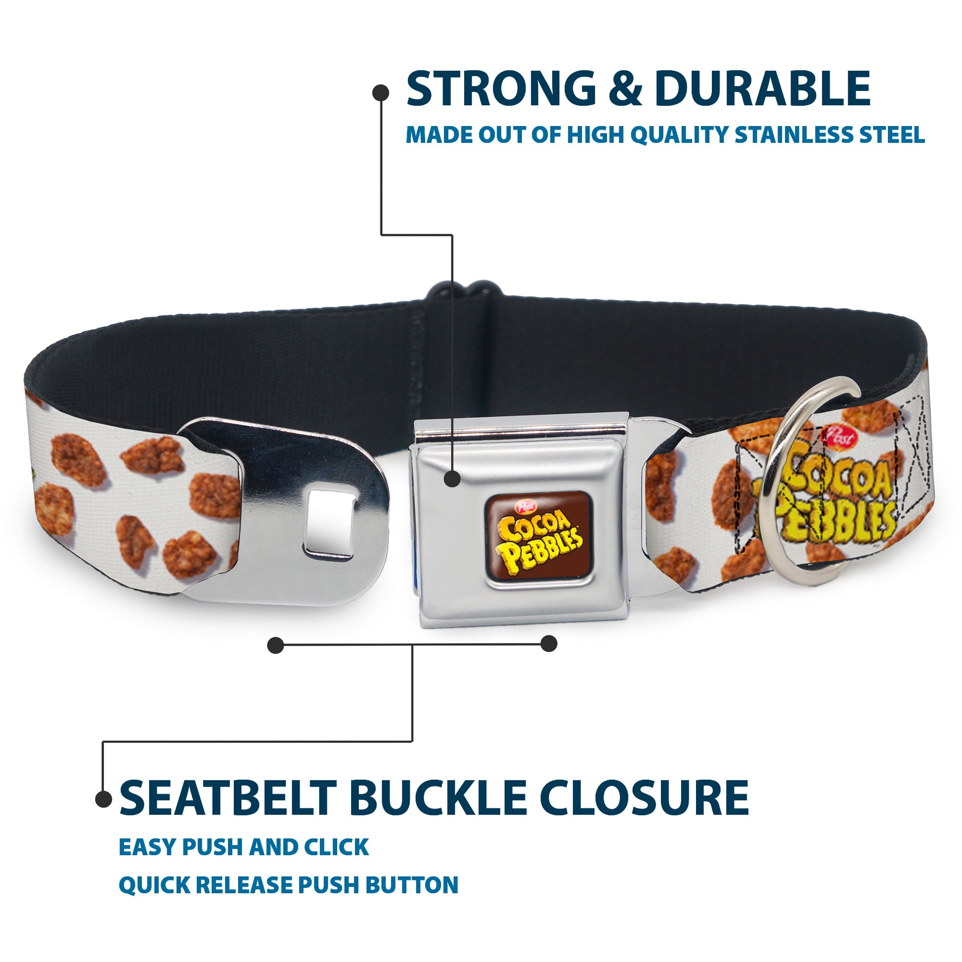 POST COCOA PEBBLES Logo Full Color Brown/Yellows Seatbelt Buckle Collar - POST COCOA PEBBLES Logo and Cereal Pebbles Scattered White/Browns Seatbelt Buckle Collars The Flintstones