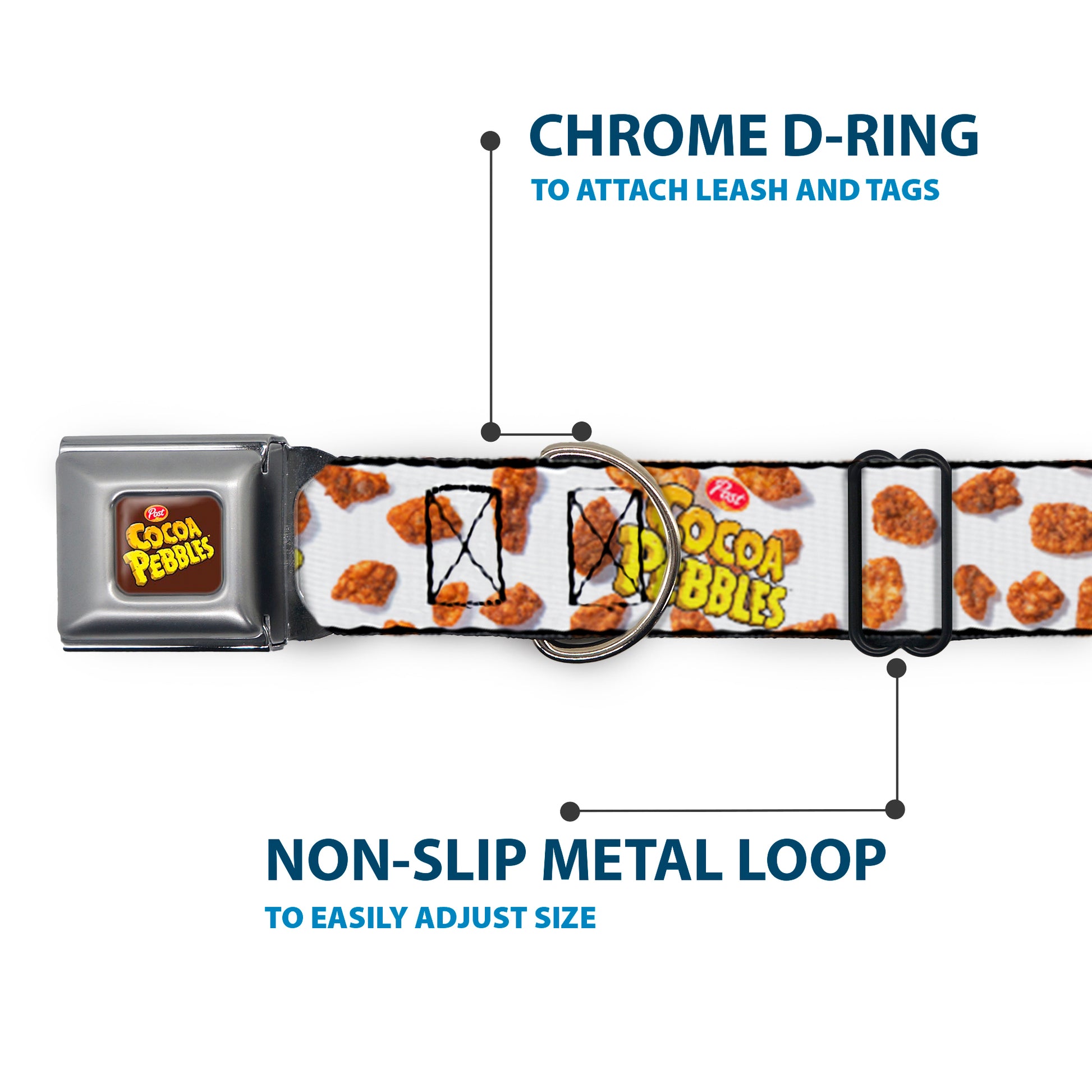 POST COCOA PEBBLES Logo Full Color Brown/Yellows Seatbelt Buckle Collar - POST COCOA PEBBLES Logo and Cereal Pebbles Scattered White/Browns Seatbelt Buckle Collars The Flintstones