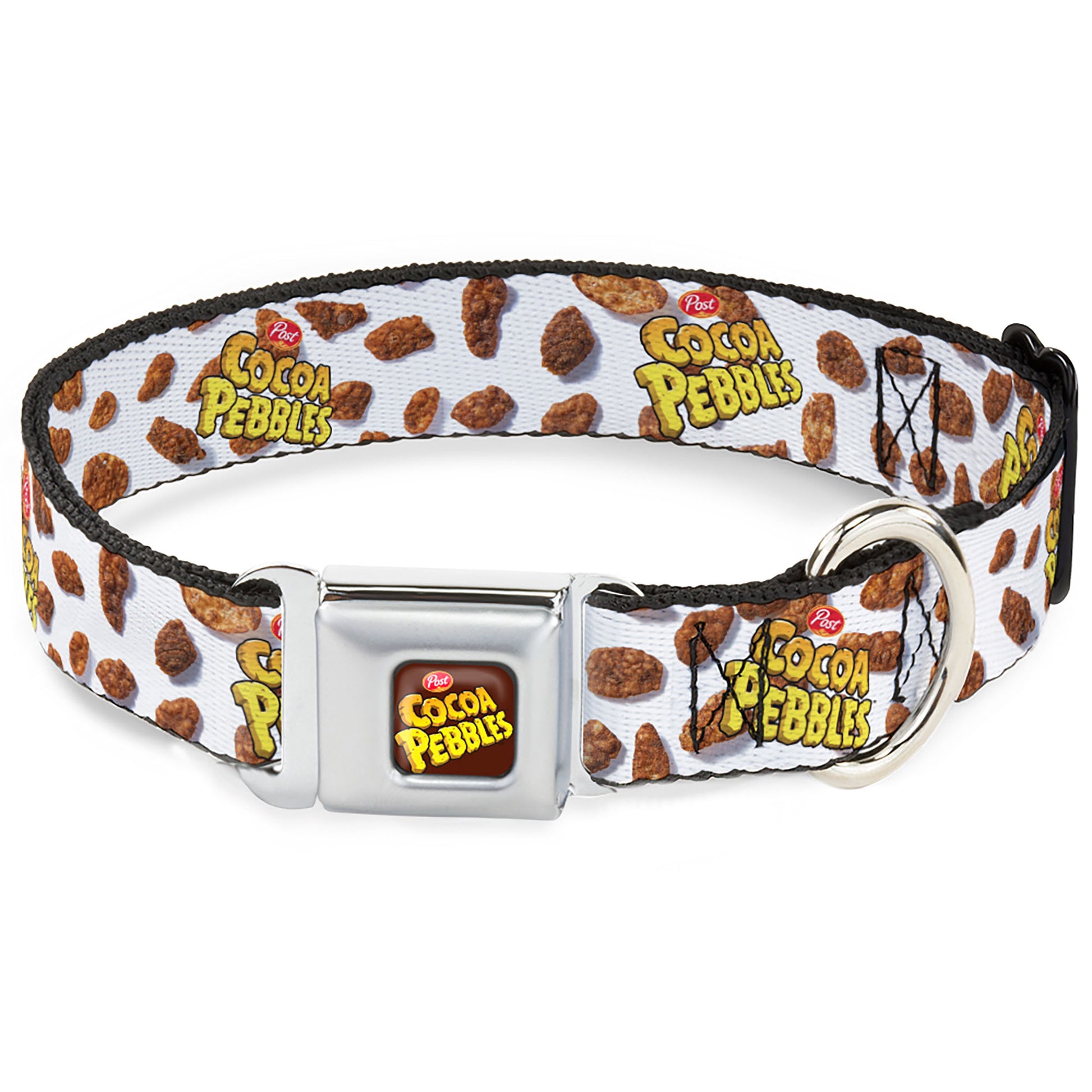 POST COCOA PEBBLES Logo Full Color Brown/Yellows Seatbelt Buckle Collar - POST COCOA PEBBLES Logo and Cereal Pebbles Scattered White/Browns Seatbelt Buckle Collars The Flintstones