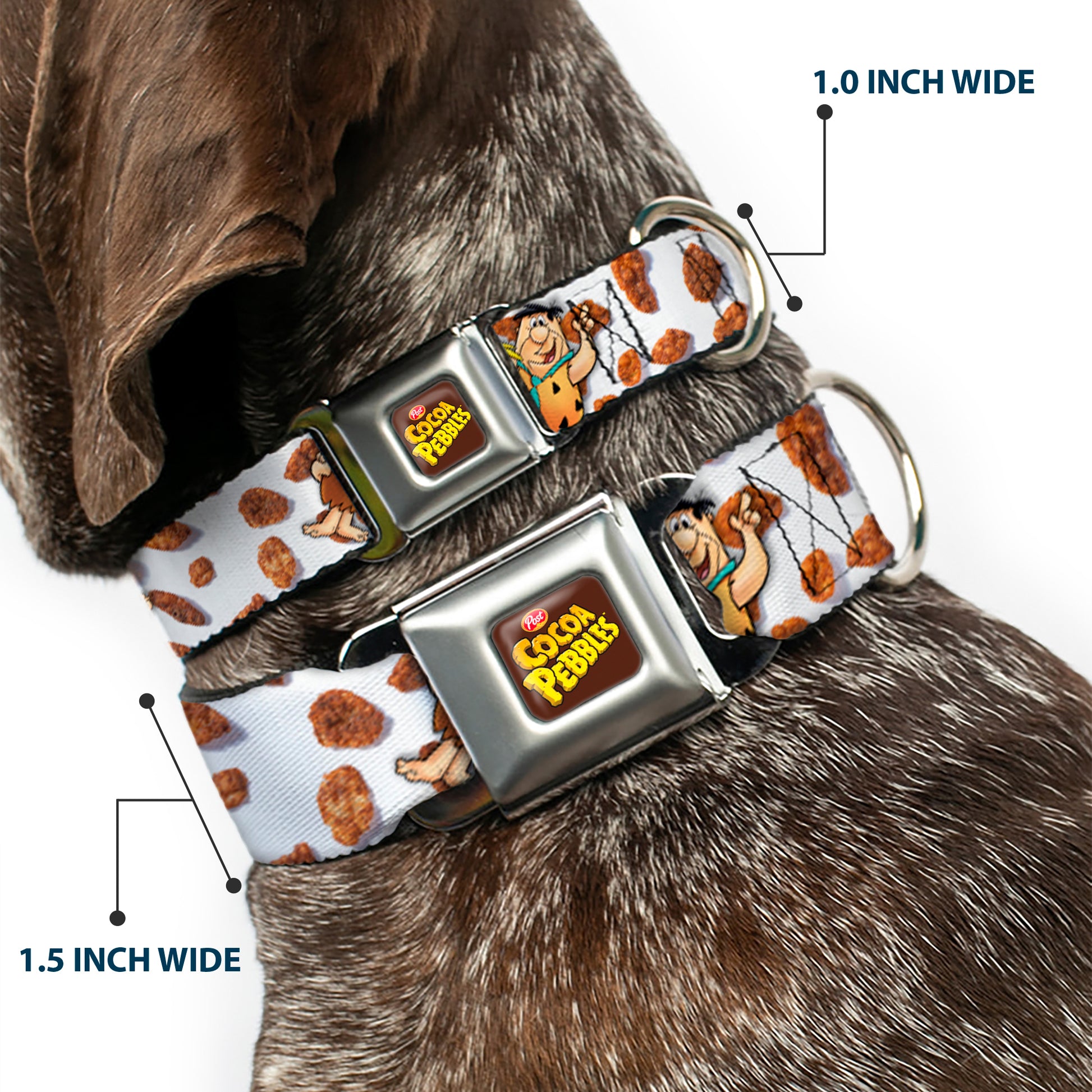 POST COCOA PEBBLES Logo Full Color Brown/Yellows Seatbelt Buckle Collar - Cocoa Pebbles Fred Flintstone and Barney Rubble Hugging Pose and Cereal Pebbles Scattered White/Browns Seatbelt Buckle Collars The Flintstones