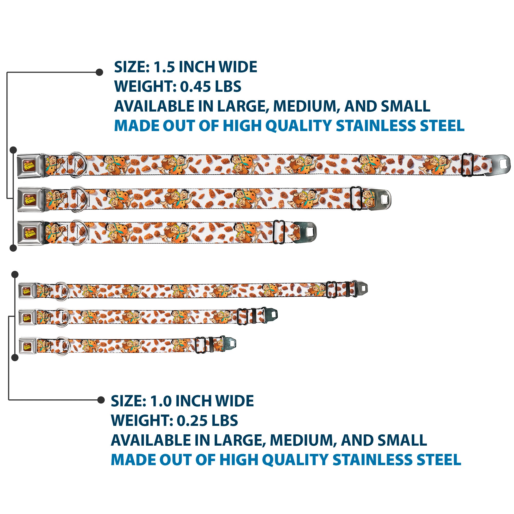 POST COCOA PEBBLES Logo Full Color Brown/Yellows Seatbelt Buckle Collar - Cocoa Pebbles Fred Flintstone and Barney Rubble Hugging Pose and Cereal Pebbles Scattered White/Browns Seatbelt Buckle Collars The Flintstones