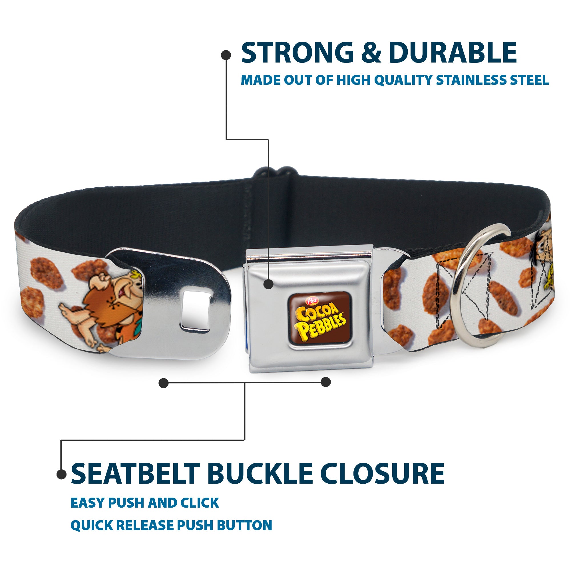 POST COCOA PEBBLES Logo Full Color Brown/Yellows Seatbelt Buckle Collar - Cocoa Pebbles Fred Flintstone and Barney Rubble Hugging Pose and Cereal Pebbles Scattered White/Browns Seatbelt Buckle Collars The Flintstones