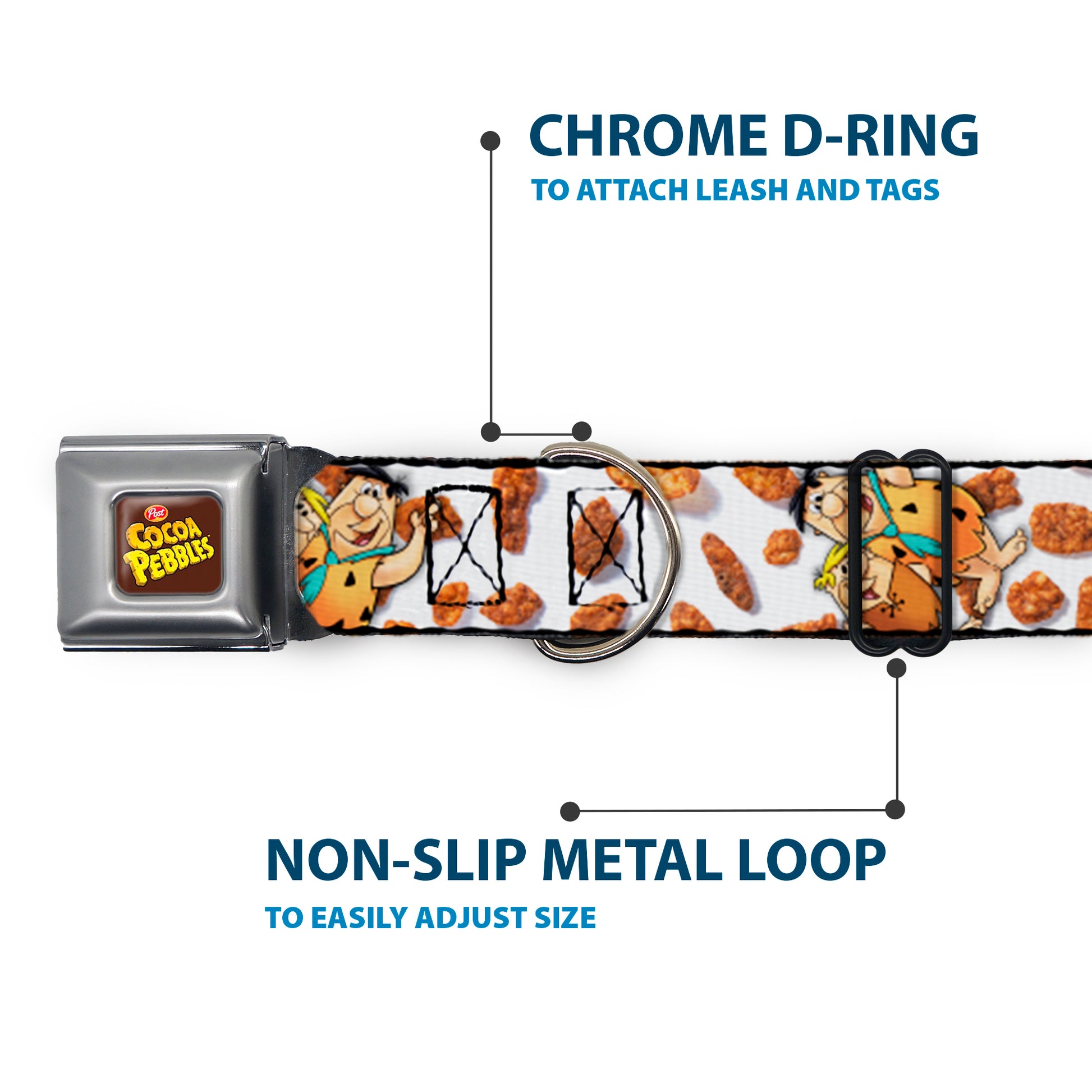 POST COCOA PEBBLES Logo Full Color Brown/Yellows Seatbelt Buckle Collar - Cocoa Pebbles Fred Flintstone and Barney Rubble Hugging Pose and Cereal Pebbles Scattered White/Browns Seatbelt Buckle Collars The Flintstones