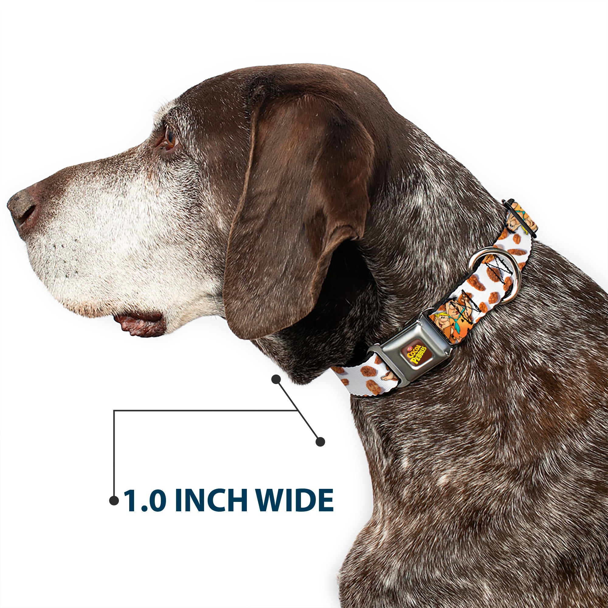 POST COCOA PEBBLES Logo Full Color Brown/Yellows Seatbelt Buckle Collar - Cocoa Pebbles Fred Flintstone and Barney Rubble Hugging Pose and Cereal Pebbles Scattered White/Browns Seatbelt Buckle Collars The Flintstones
