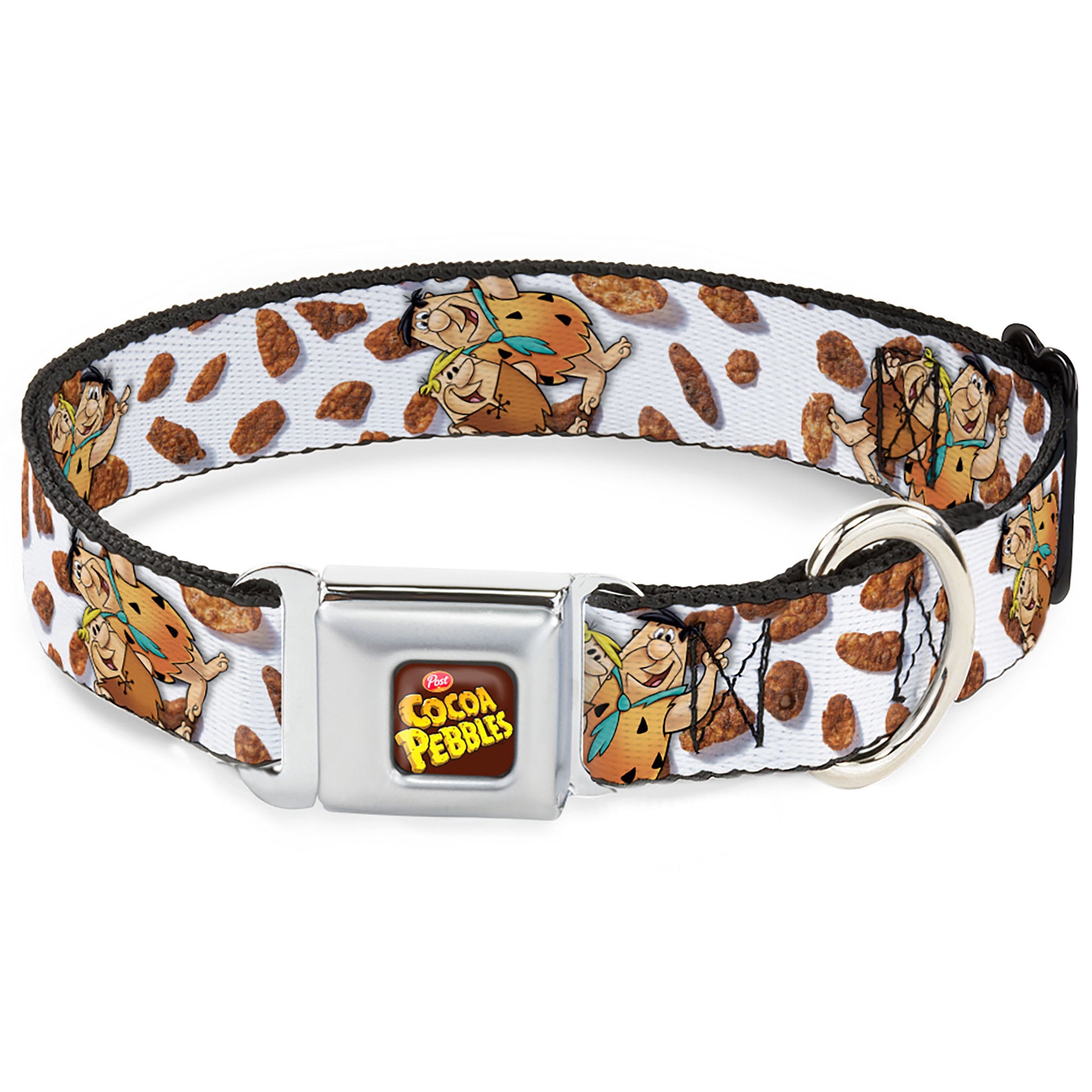 POST COCOA PEBBLES Logo Full Color Brown/Yellows Seatbelt Buckle Collar - Cocoa Pebbles Fred Flintstone and Barney Rubble Hugging Pose and Cereal Pebbles Scattered White/Browns Seatbelt Buckle Collars The Flintstones