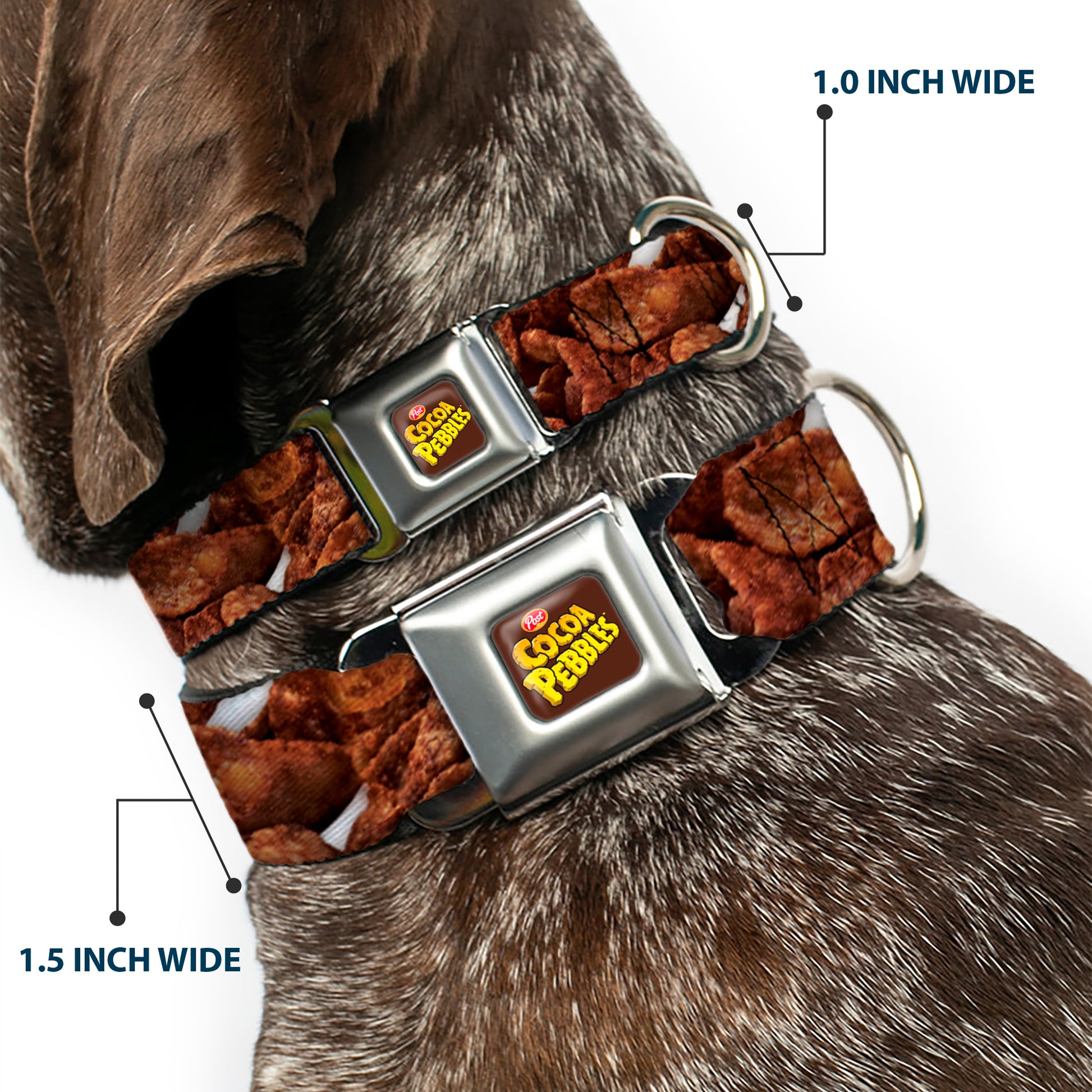 POST COCOA PEBBLES Logo Full Color Brown/Yellows Seatbelt Buckle Collar - Cocoa Pebbles Vivid Cereal CLOSE-UP Browns Seatbelt Buckle Collars The Flintstones