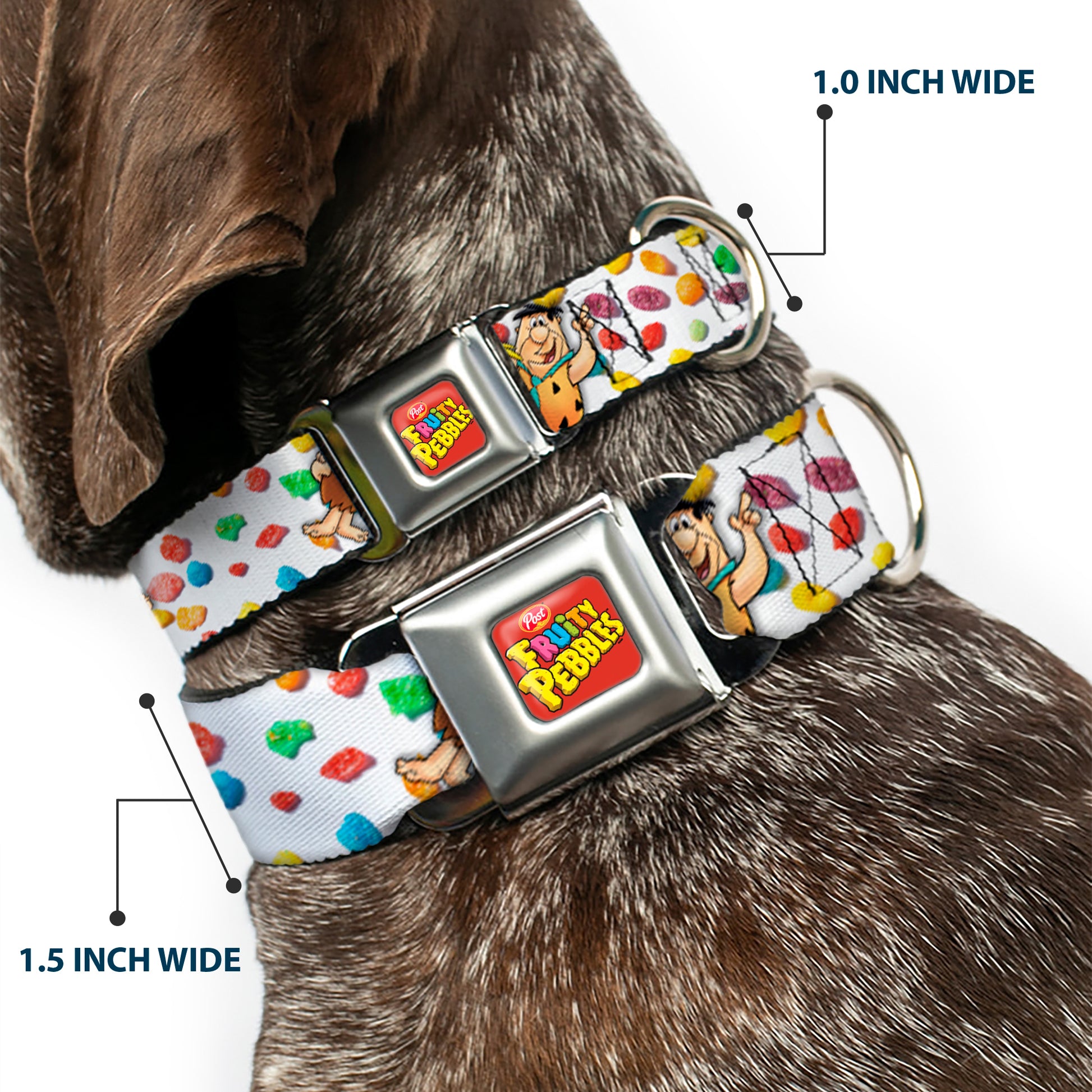 POST FRUITY PEBBLES Logo Full Color Red/Multi Color Seatbelt Buckle Collar - Fruity Pebbles Fred Flintstone and Barney Rubble Hugging Pose and Cereal Pebbles Scattered White/Multi Color Seatbelt Buckle Collars The Flintstones
