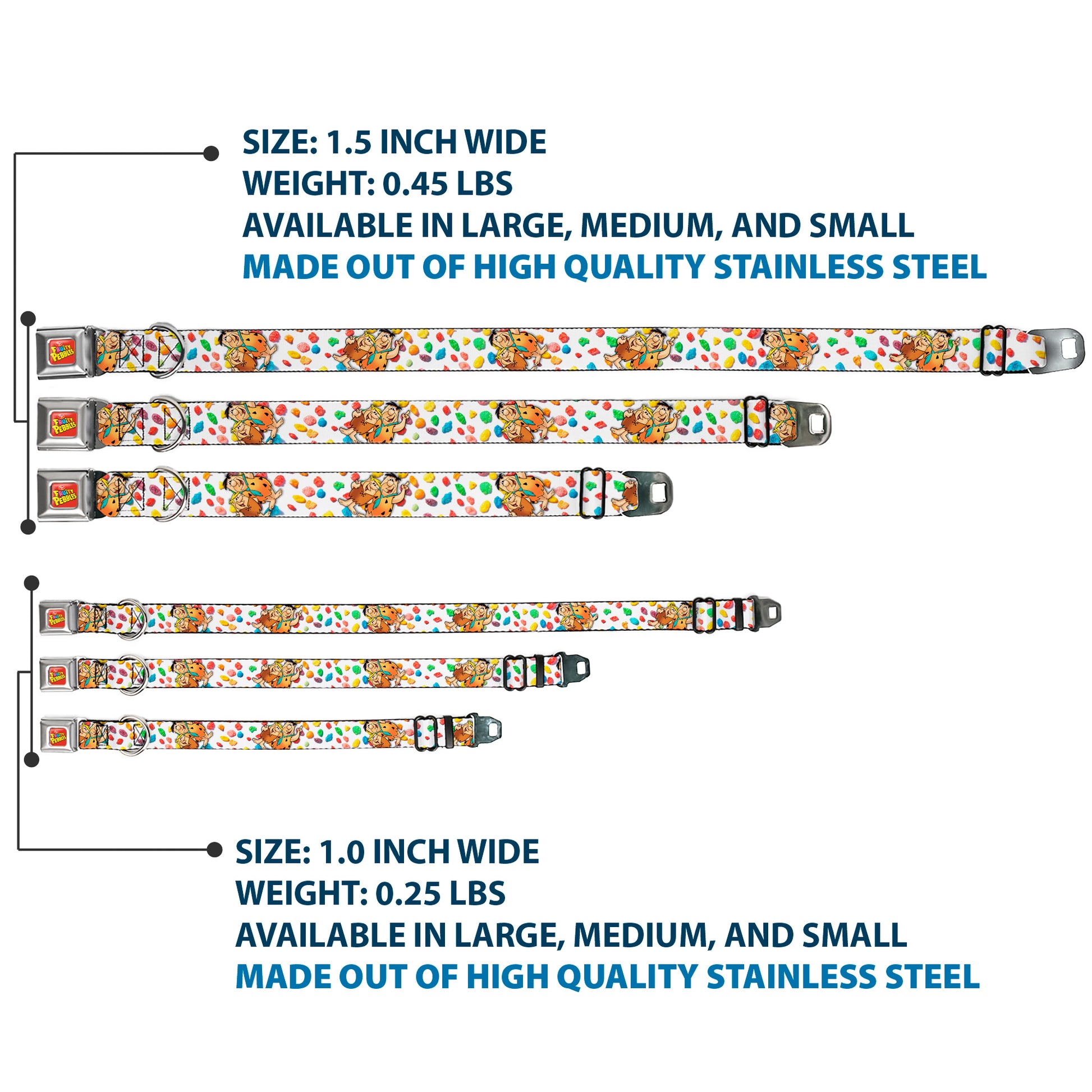 POST FRUITY PEBBLES Logo Full Color Red/Multi Color Seatbelt Buckle Collar - Fruity Pebbles Fred Flintstone and Barney Rubble Hugging Pose and Cereal Pebbles Scattered White/Multi Color Seatbelt Buckle Collars The Flintstones