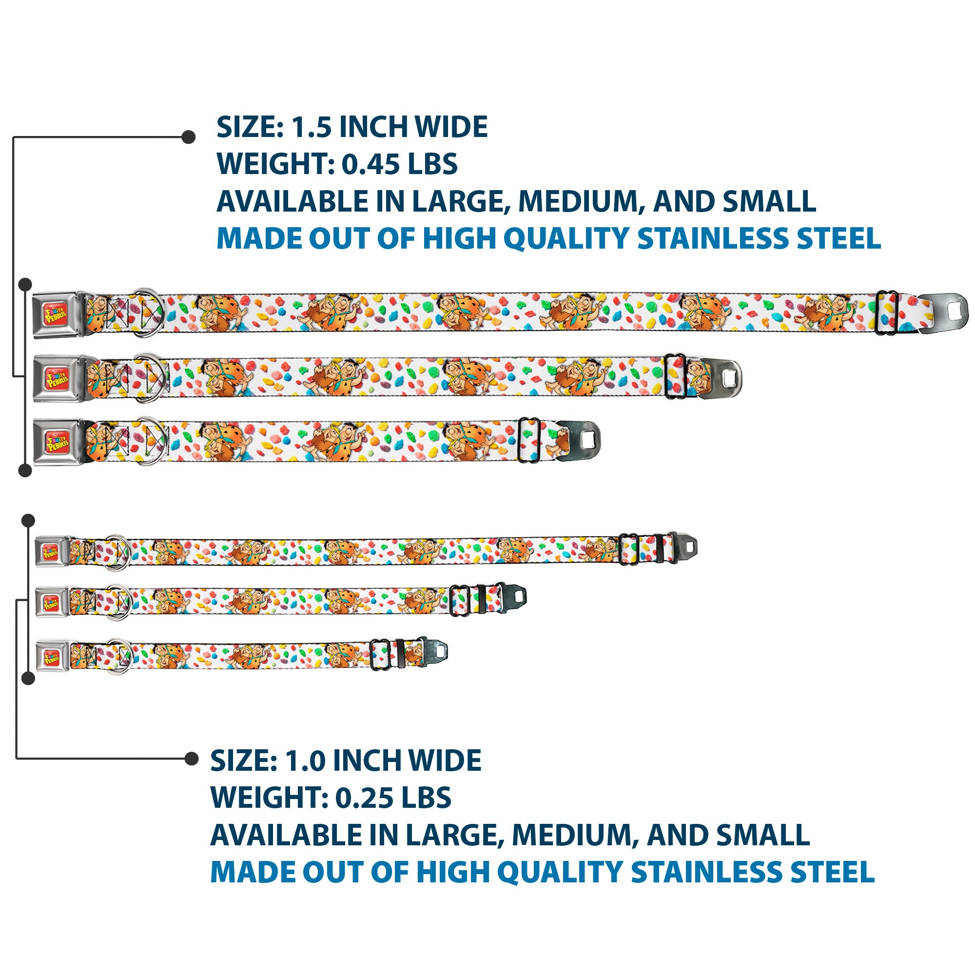 POST FRUITY PEBBLES Logo Full Color Red/Multi Color Seatbelt Buckle Collar - Fruity Pebbles Fred Flintstone and Barney Rubble Hugging Pose and Cereal Pebbles Scattered White/Multi Color Seatbelt Buckle Collars The Flintstones