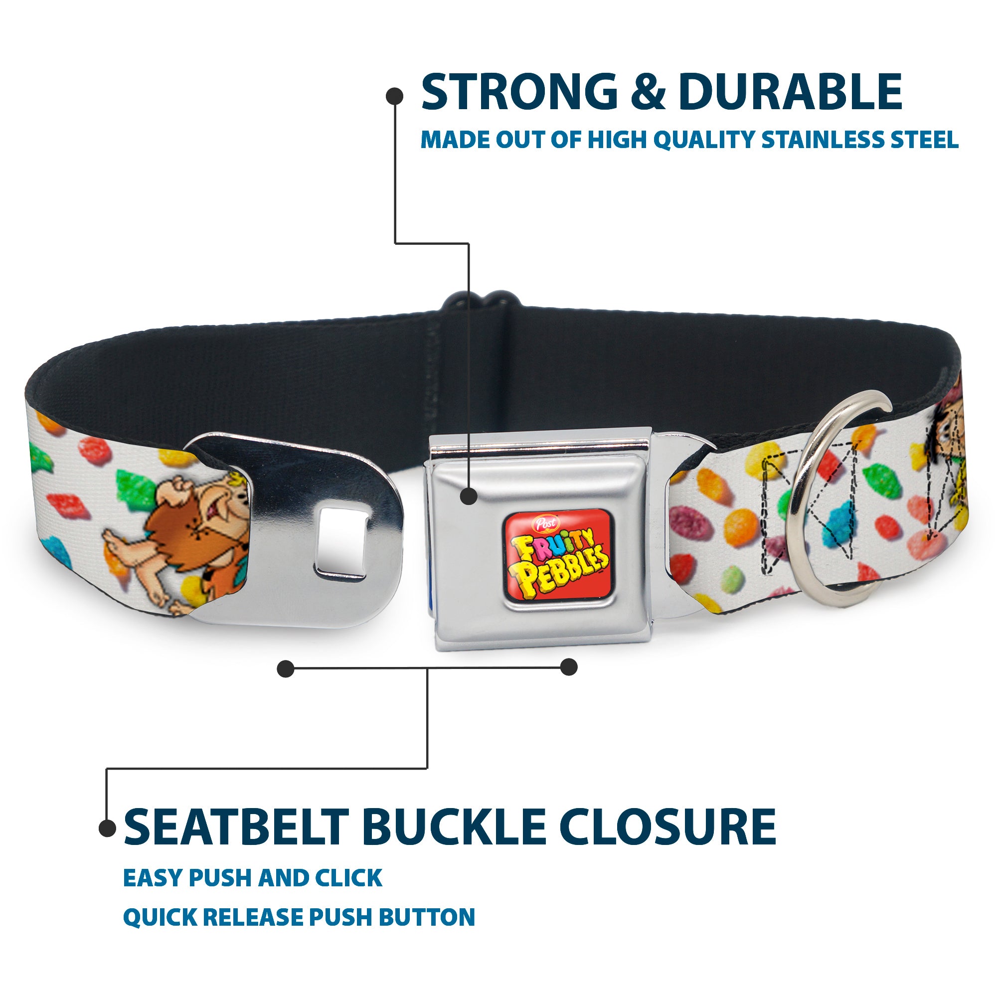 POST FRUITY PEBBLES Logo Full Color Red/Multi Color Seatbelt Buckle Collar - Fruity Pebbles Fred Flintstone and Barney Rubble Hugging Pose and Cereal Pebbles Scattered White/Multi Color Seatbelt Buckle Collars The Flintstones