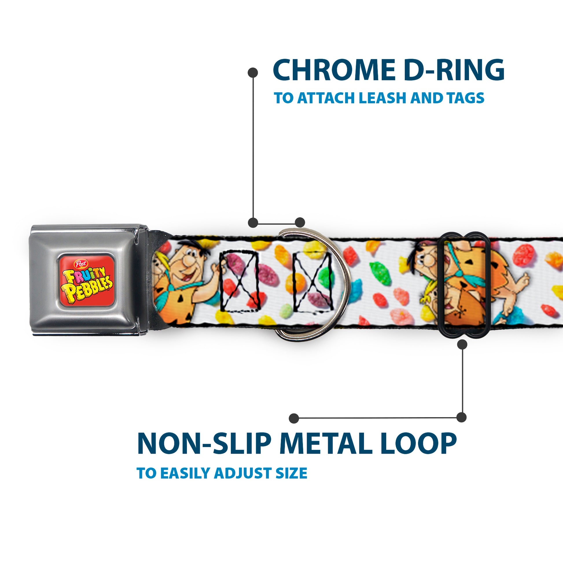POST FRUITY PEBBLES Logo Full Color Red/Multi Color Seatbelt Buckle Collar - Fruity Pebbles Fred Flintstone and Barney Rubble Hugging Pose and Cereal Pebbles Scattered White/Multi Color Seatbelt Buckle Collars The Flintstones