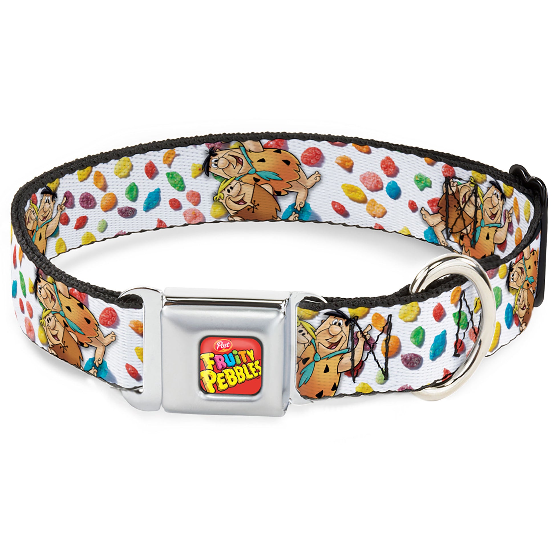 POST FRUITY PEBBLES Logo Full Color Red/Multi Color Seatbelt Buckle Collar - Fruity Pebbles Fred Flintstone and Barney Rubble Hugging Pose and Cereal Pebbles Scattered White/Multi Color Seatbelt Buckle Collars The Flintstones