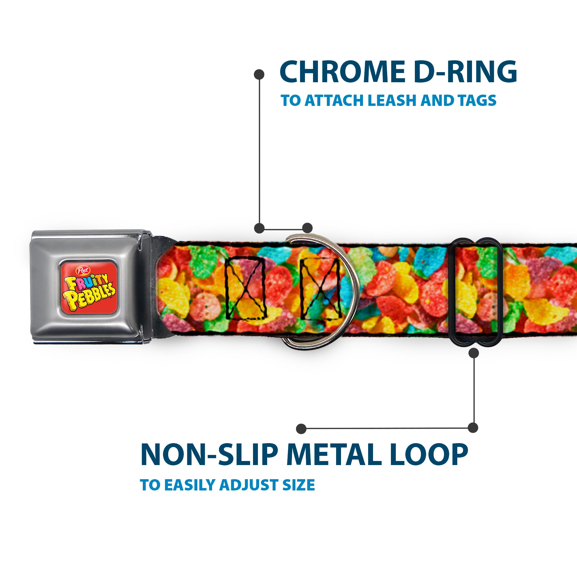 POST FRUITY PEBBLES Logo Full Color Red/Multi Color Seatbelt Buckle Collar - Fruity Pebbles Vivid Cereal CLOSE-UP Multi Color Seatbelt Buckle Collars The Flintstones