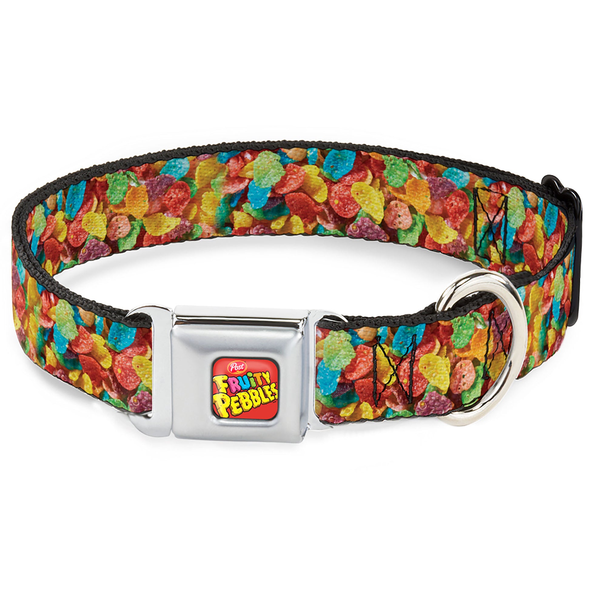 POST FRUITY PEBBLES Logo Full Color Red/Multi Color Seatbelt Buckle Collar - Fruity Pebbles Vivid Cereal CLOSE-UP Multi Color Seatbelt Buckle Collars The Flintstones