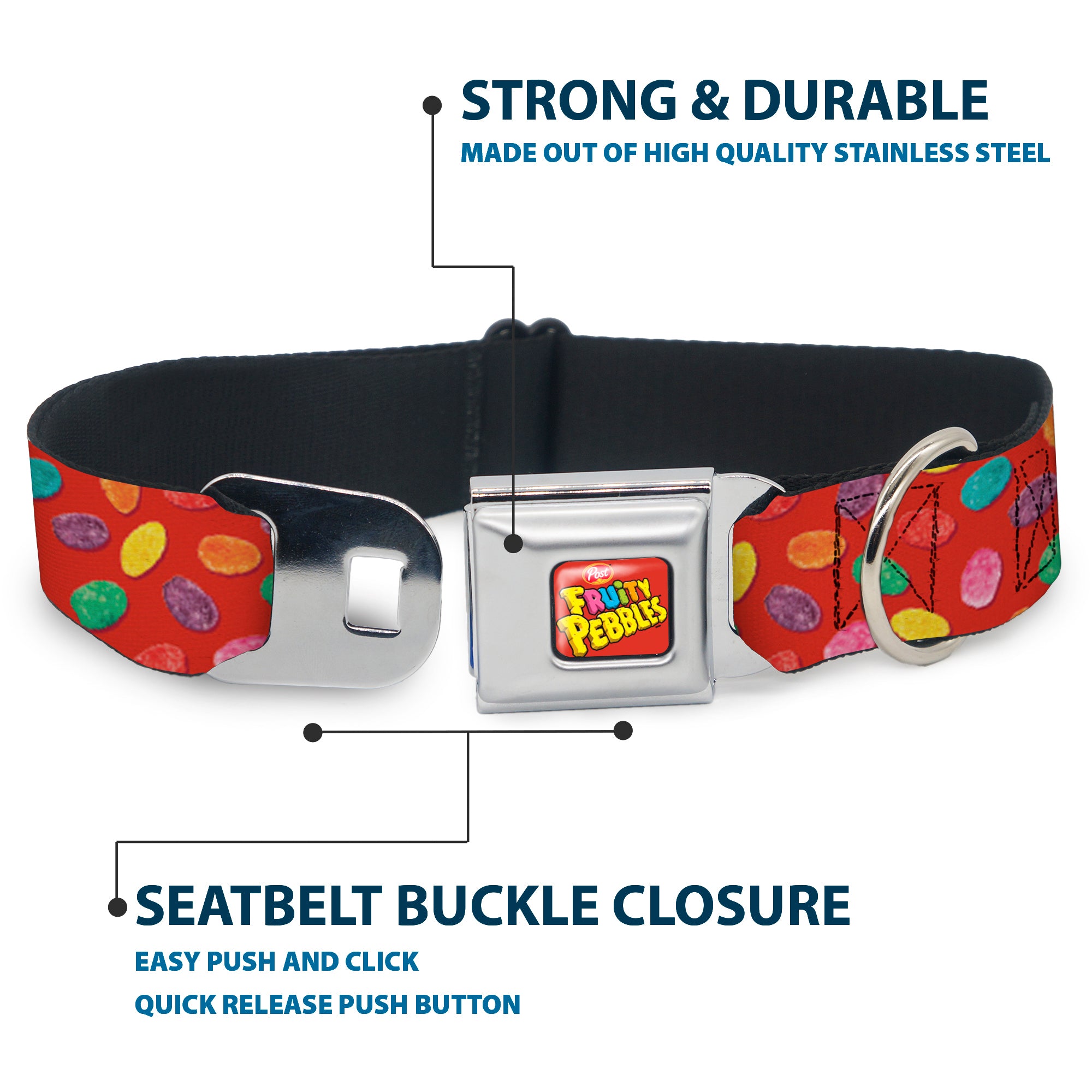 POST FRUITY PEBBLES Logo Full Color Red/Multi Color Seatbelt Buckle Collar - Fruity Pebbles Cereal Pebbles Scattered Red/Multi Color Seatbelt Buckle Collars The Flintstones
