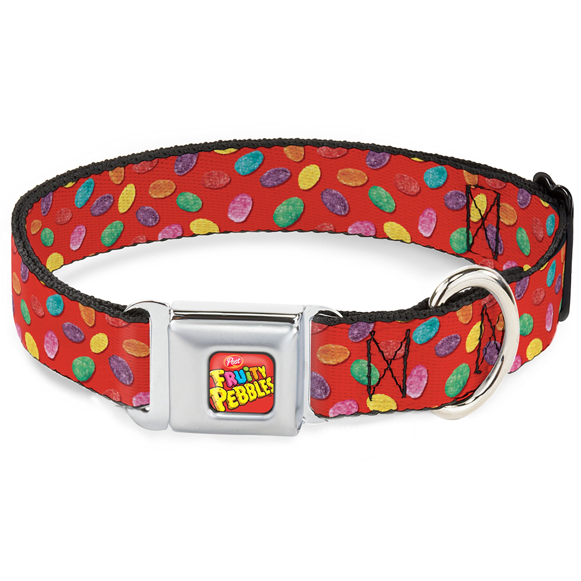 POST FRUITY PEBBLES Logo Full Color Red/Multi Color Seatbelt Buckle Collar - Fruity Pebbles Cereal Pebbles Scattered Red/Multi Color Seatbelt Buckle Collars The Flintstones