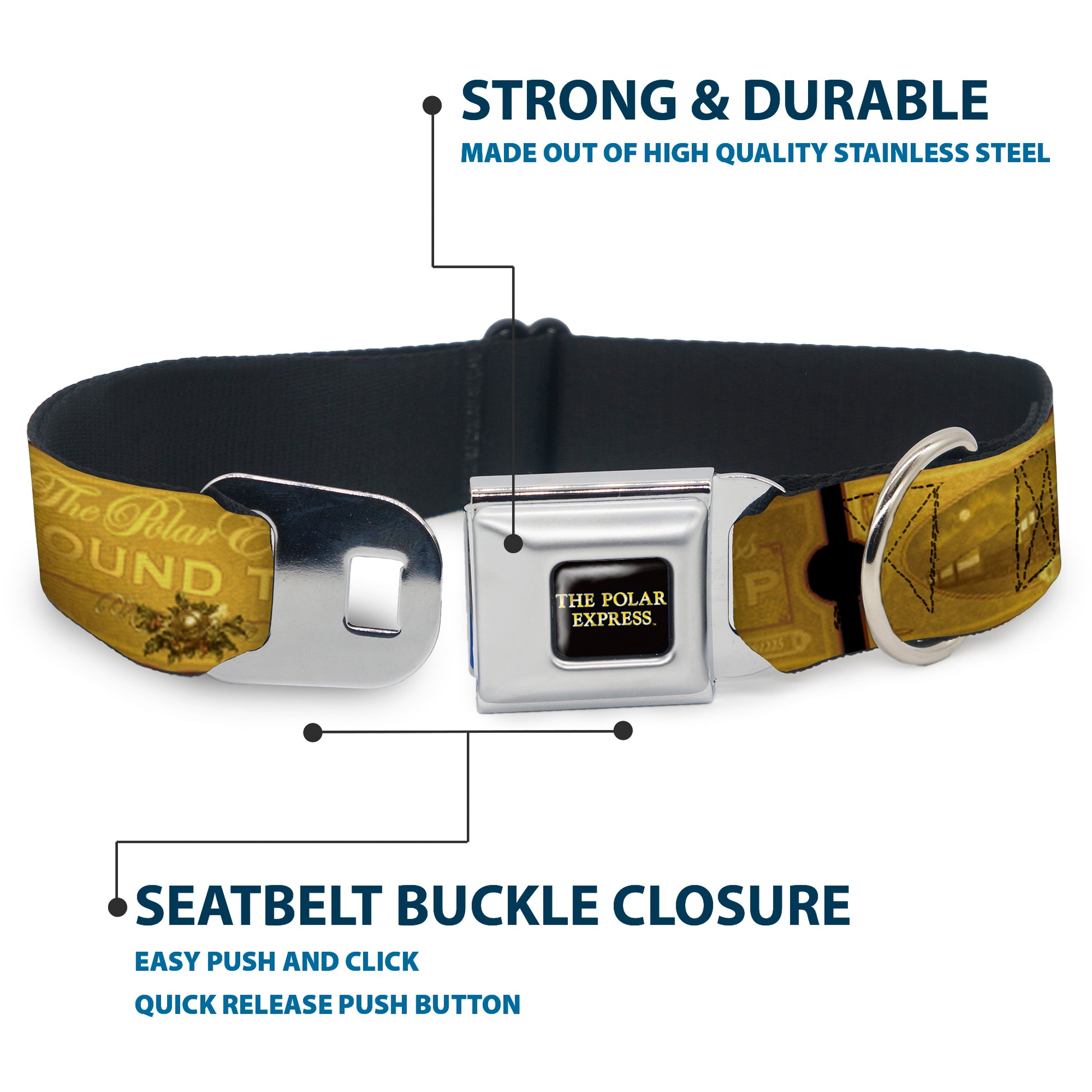 THE POLAR EXPRESS Text Logo Full Color Black/Golds Seatbelt Buckle Collar - THE POLAR EXPRESS ROUND TRIP Ticket Black/Golds Seatbelt Buckle Collars The Polar Express
