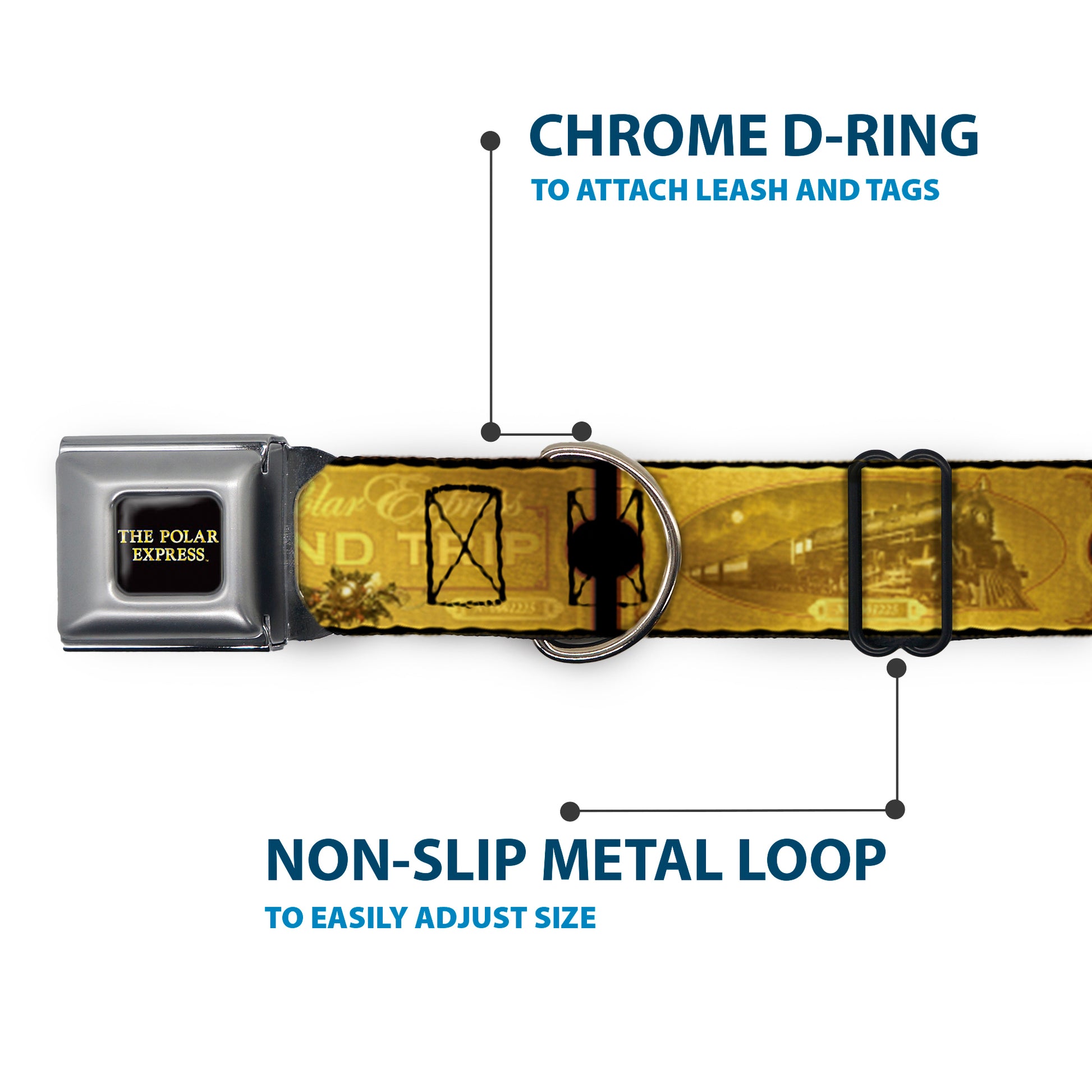 THE POLAR EXPRESS Text Logo Full Color Black/Golds Seatbelt Buckle Collar - THE POLAR EXPRESS ROUND TRIP Ticket Black/Golds Seatbelt Buckle Collars The Polar Express