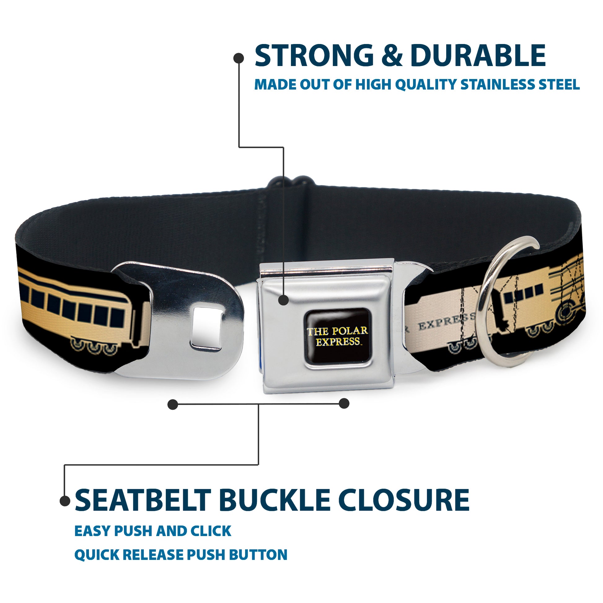 THE POLAR EXPRESS Text Logo Full Color Black/Golds Seatbelt Buckle Collar - POLAR EXPRESS Train Cars Black/Golds Seatbelt Buckle Collars The Polar Express